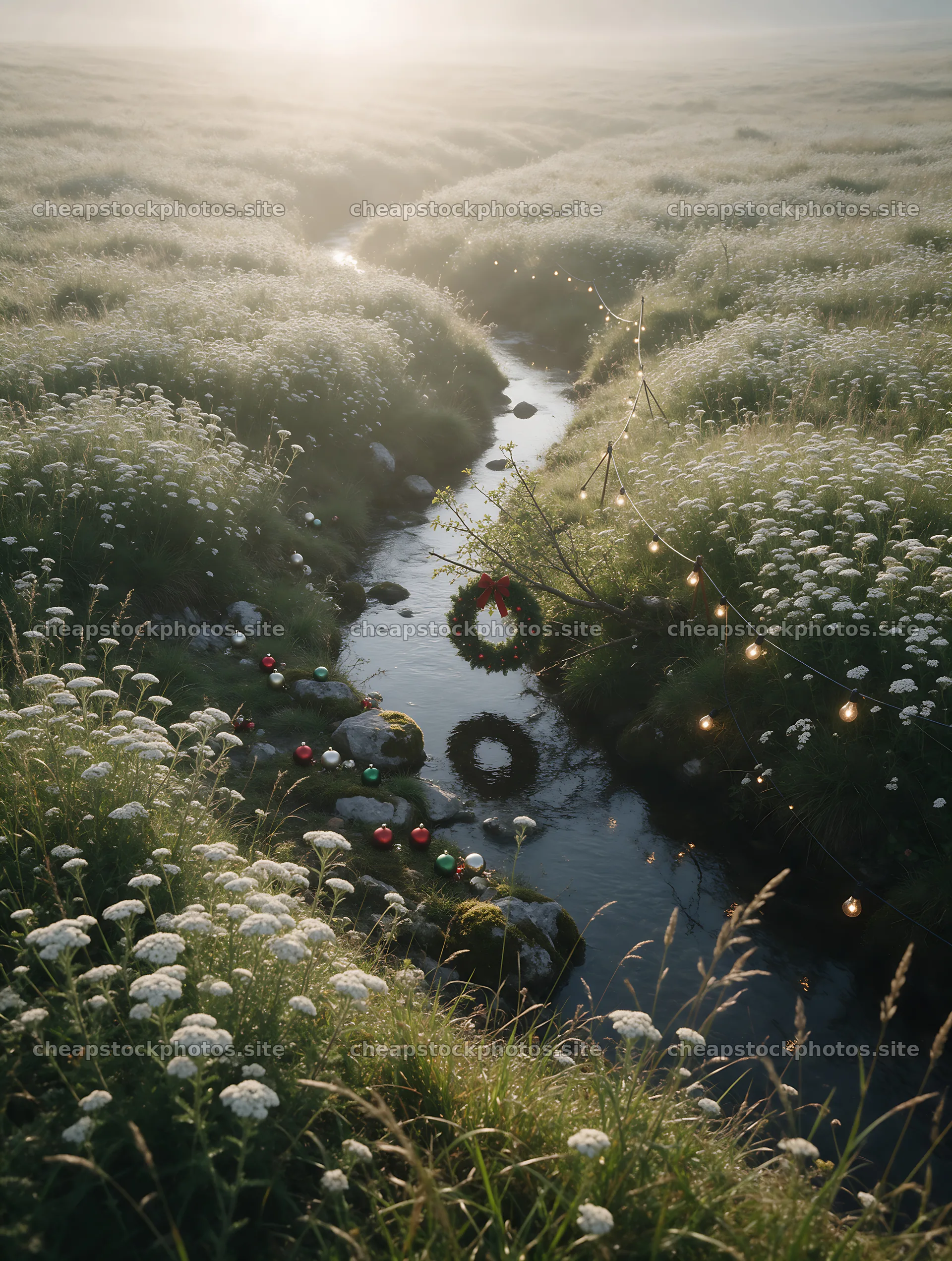 Christmas decorations along stream in meadow – stock photos 6898x9134