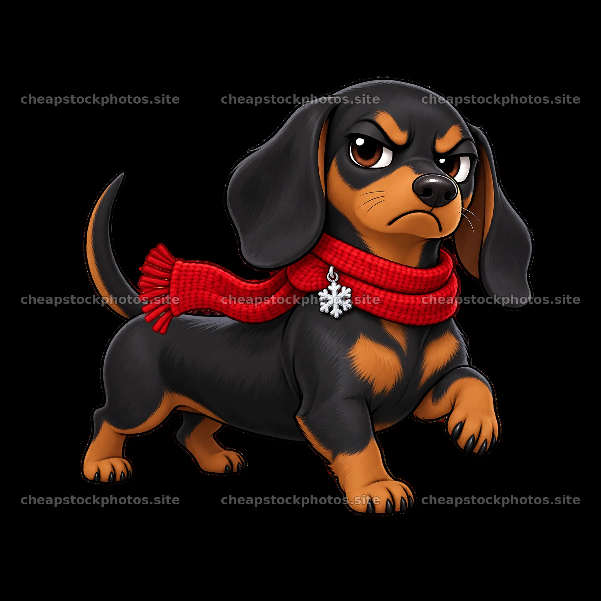Kawaii grumpy dog wearing a red scarf with a snowflake charm – stock photos 7746x7746
