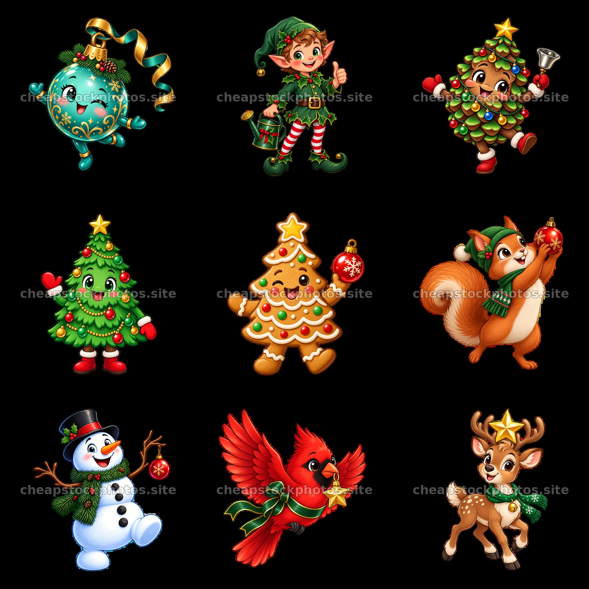 Colorful Christmas characters and trees in a 3x3 layout – stock photos 7746x7746