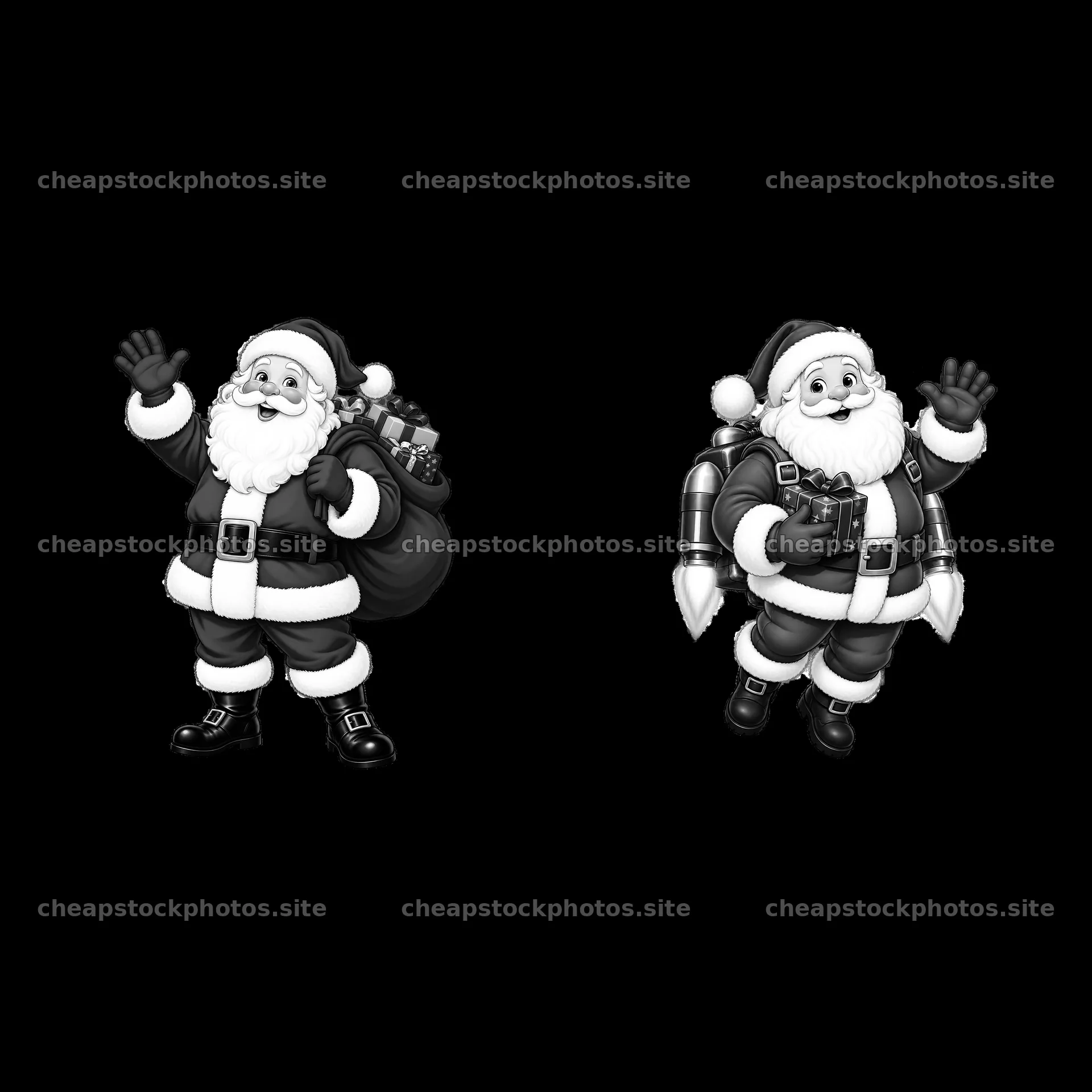 Santa Claus with gift bag and jetpack design in black and white – stock photos 7746x7746