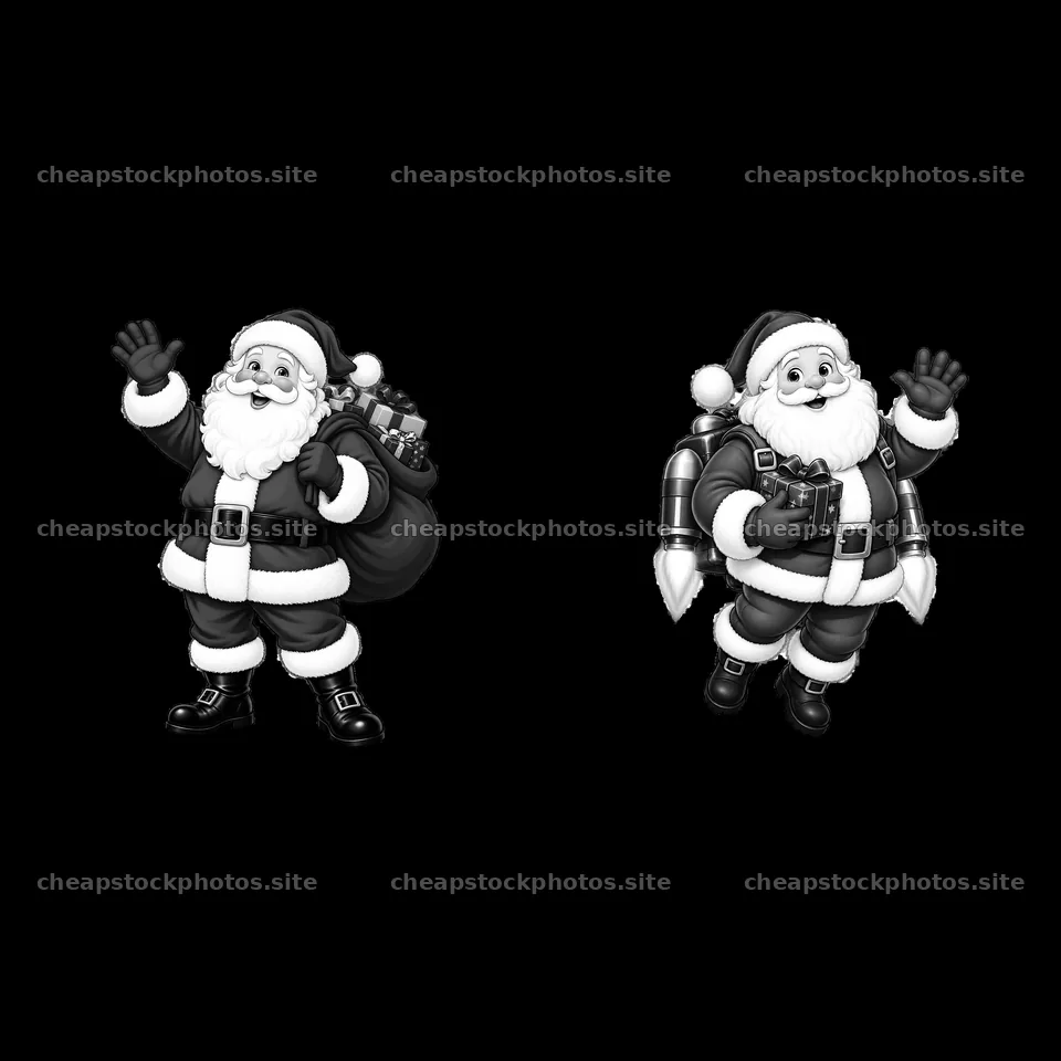 Santa Claus with gift bag and jetpack design in black and white – stock photos 7746x7746