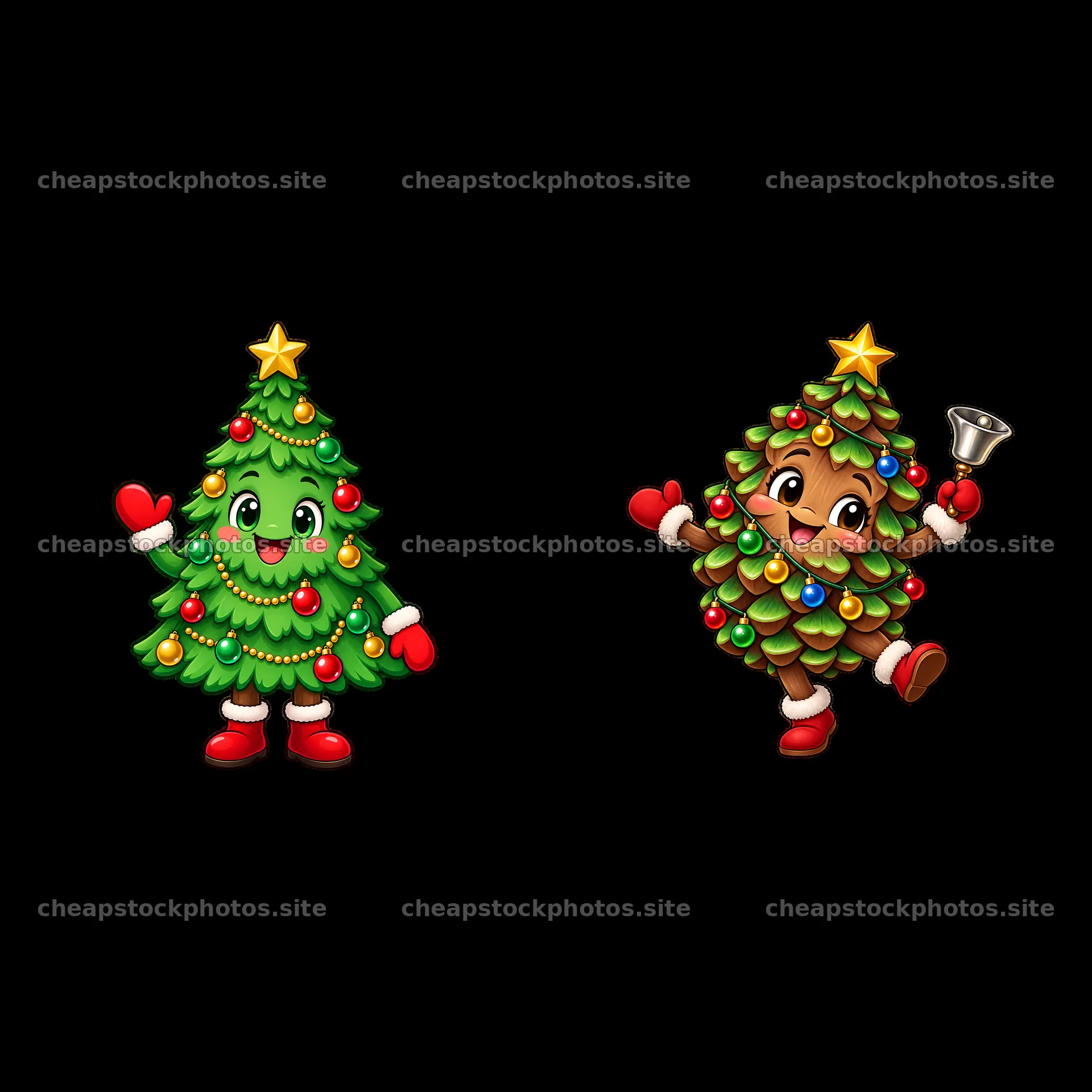 Christmas tree stickers with cheerful expressions and decorations – stock photos 7746x7746