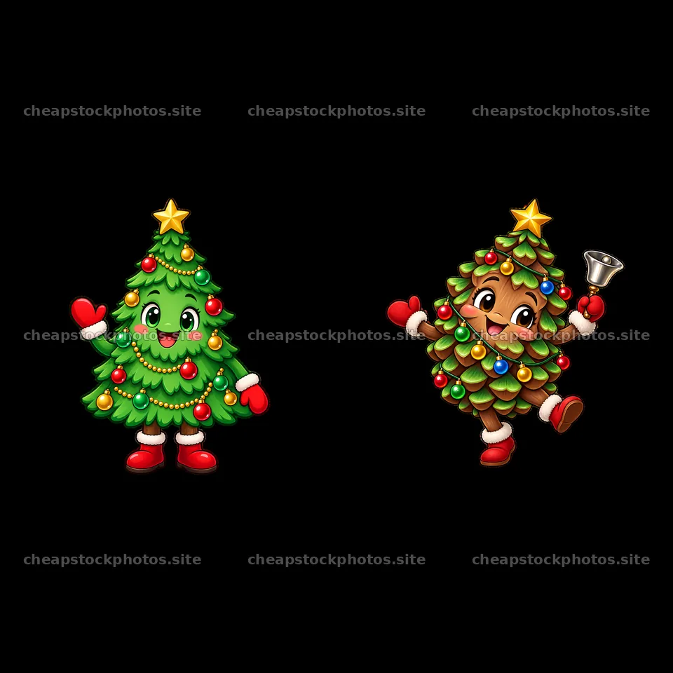 Christmas tree stickers with cheerful expressions and decorations – stock photos 7746x7746