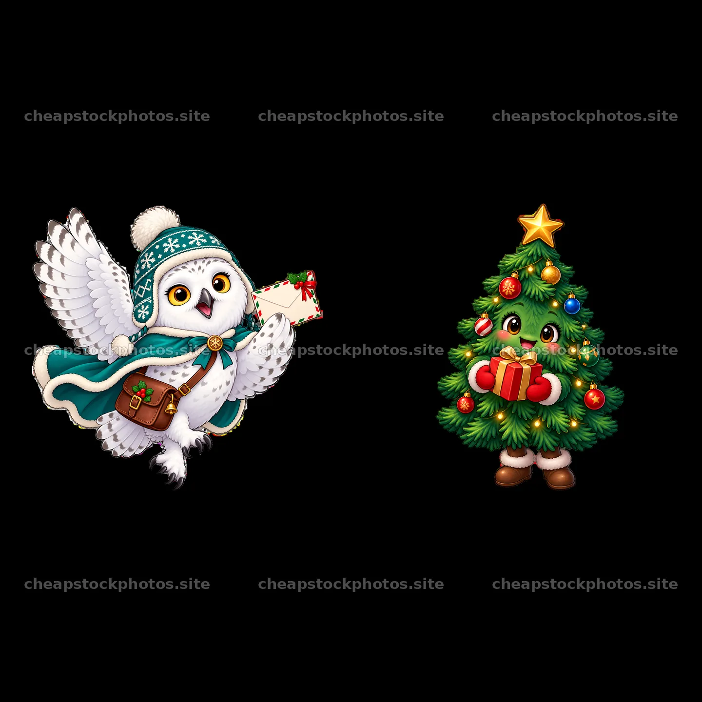 Owl delivering a letter and a Christmas tree with a star – stock photos 7746x7746