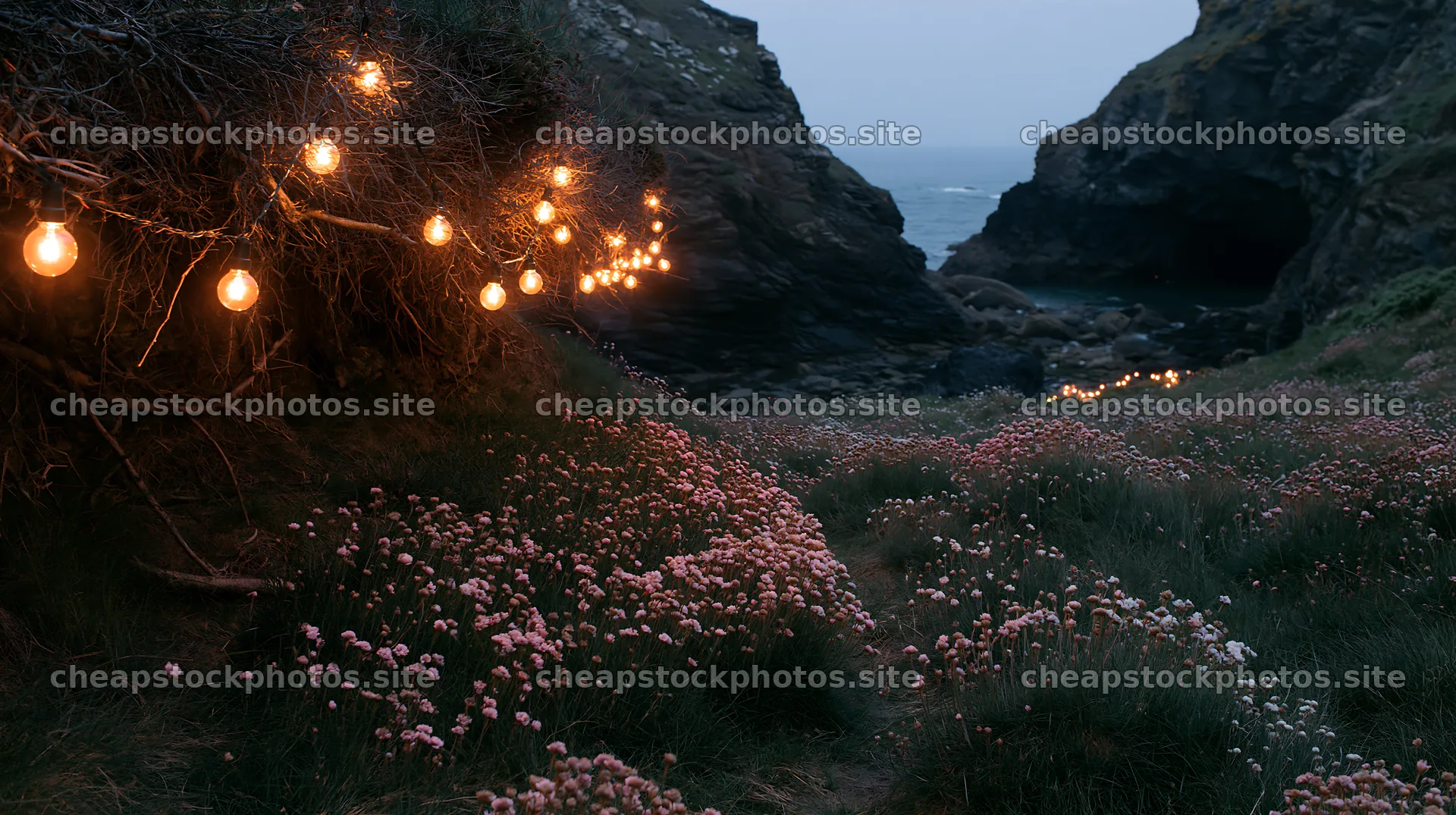 Christmas lights at dusk by cave in meadow near the ocean – stock photos 10608x5938