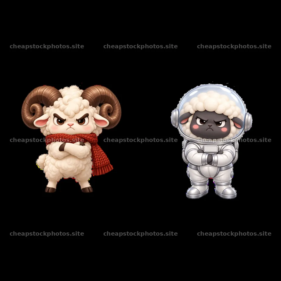 Kawaii grumpy sheep characters in warm and space-themed outfits – stock photos 7746x7746