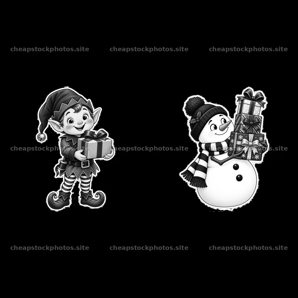 Elf holding a gift next to a snowman with stacked presents – stock photos 7746x7746