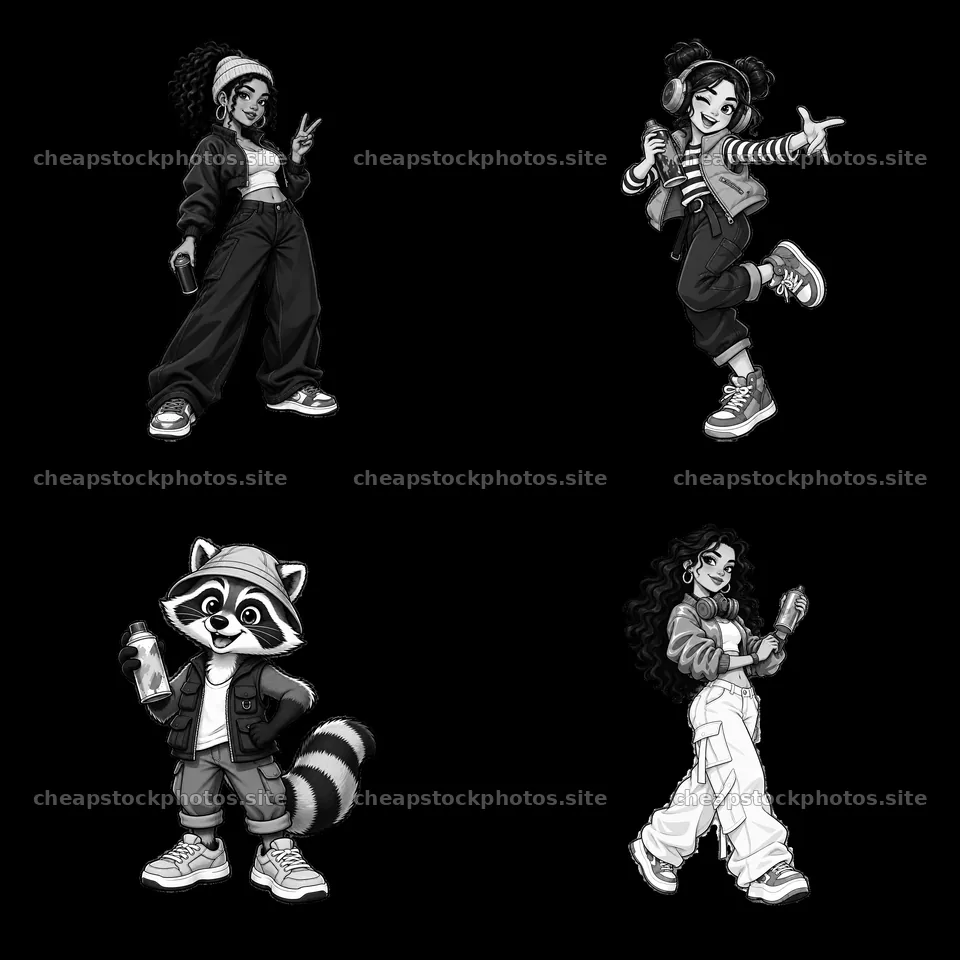 Cool graffiti sprayer characters in monochrome cartoon style – stock photos 7746x7746