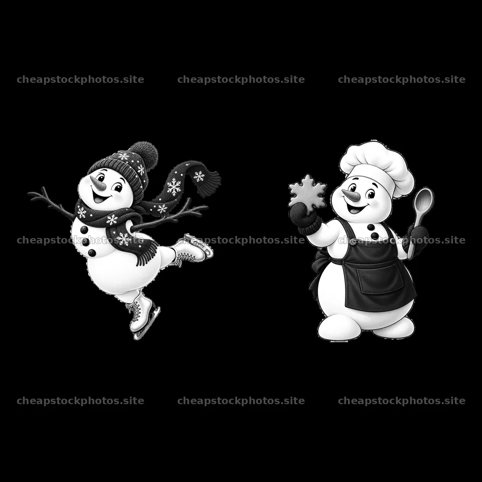 Christmas snowman skating and baking with snowflake cookie – stock photos 7746x7746