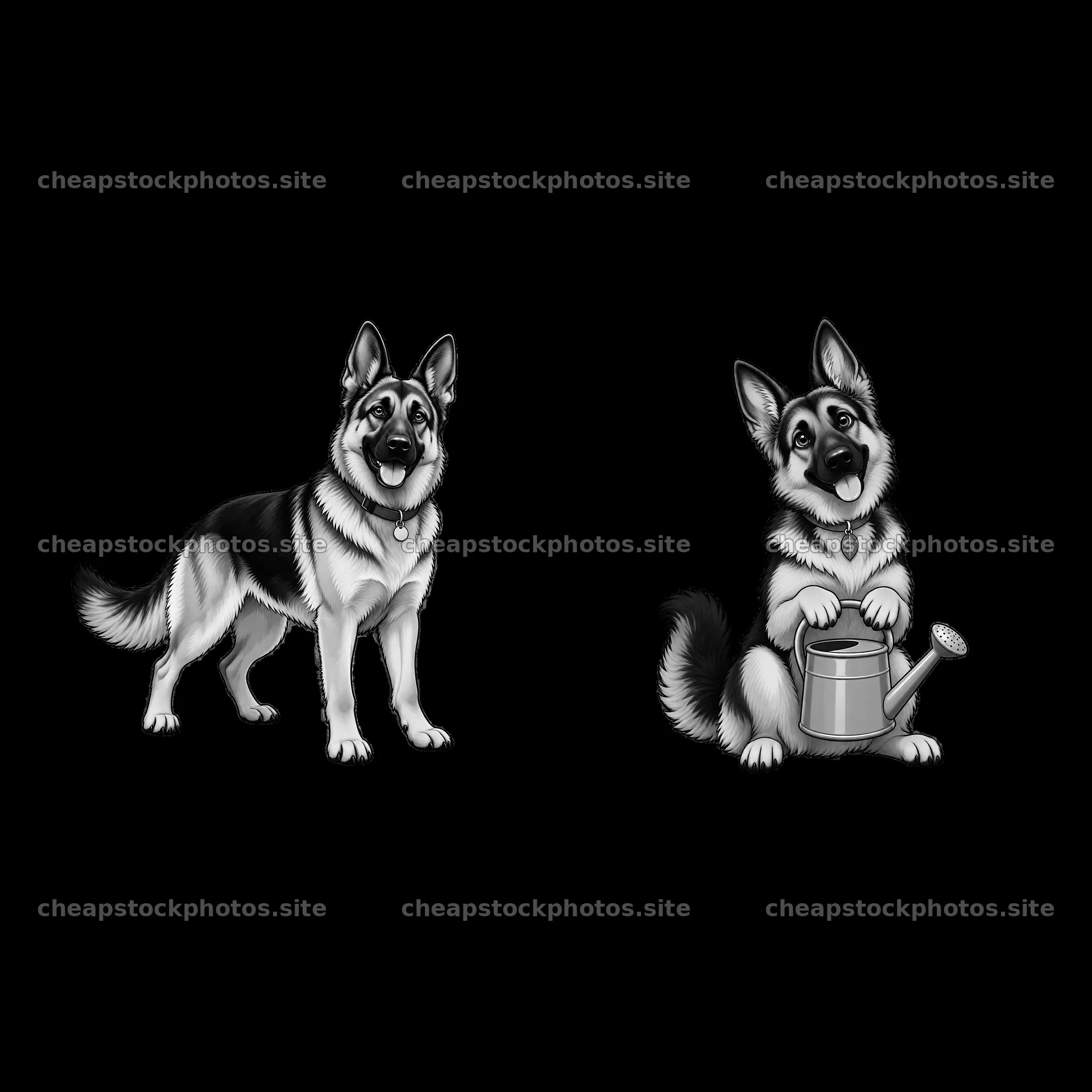 German Shepherd dogs in playful poses with watering can – stock photos 7746x7746