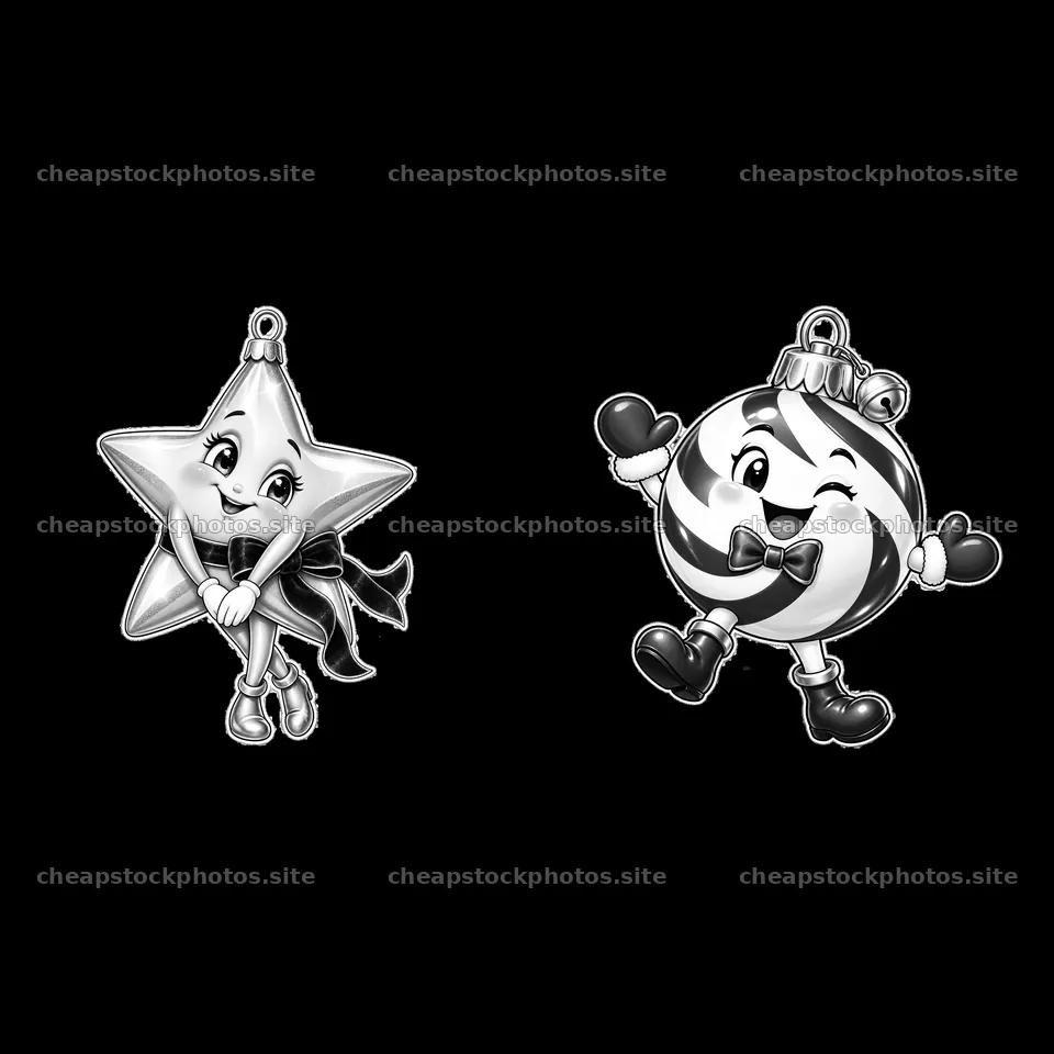 Black and white cartoon star and ball Christmas stickers – stock photos 7746x7746