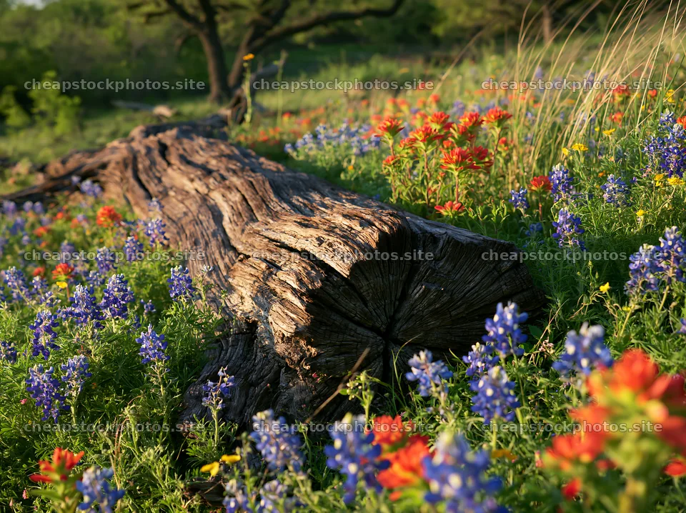 Weathered log surrounded by wildflowers in a meadow – stock photos 9174x6866