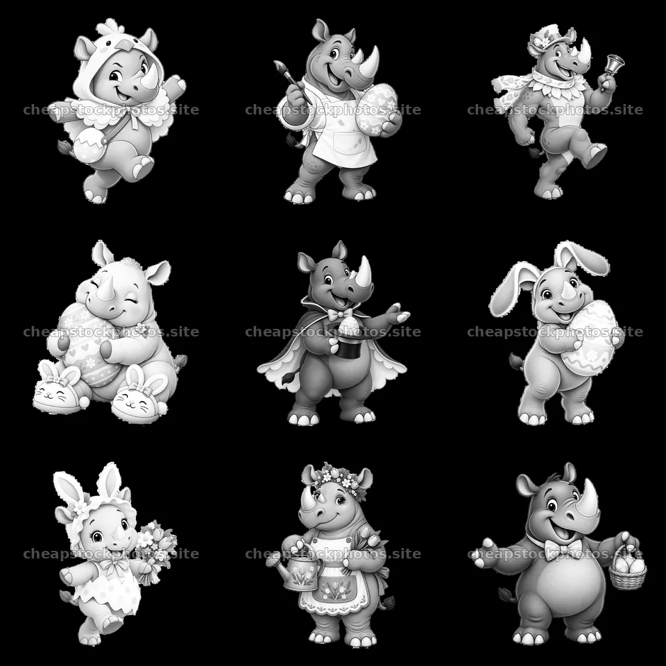 Easter rhinoceros cartoon stickers in a 3x3 grid – stock photos 7746x7746