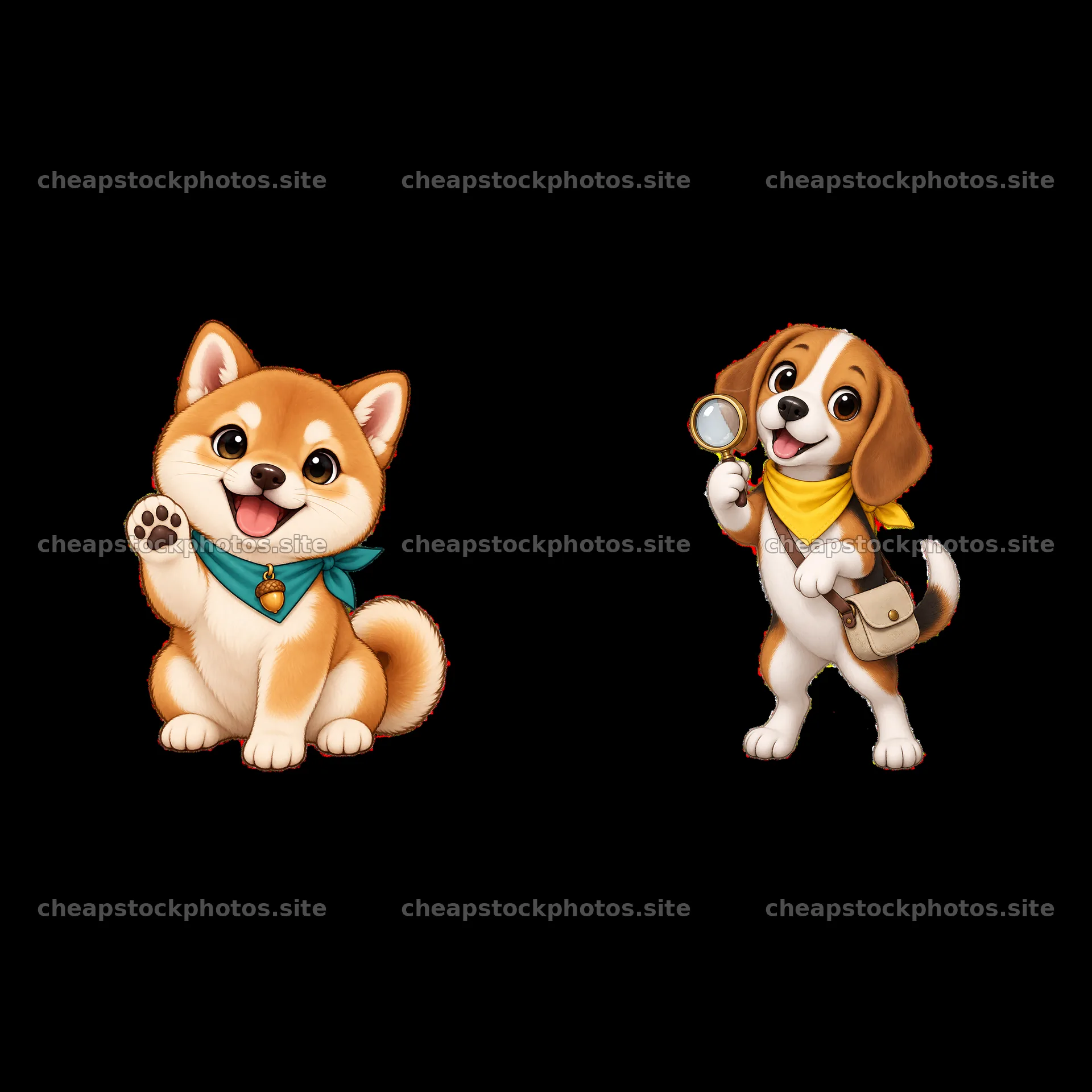 Two cute K-9 dogs with accessories in playful poses – stock photos 7746x7746