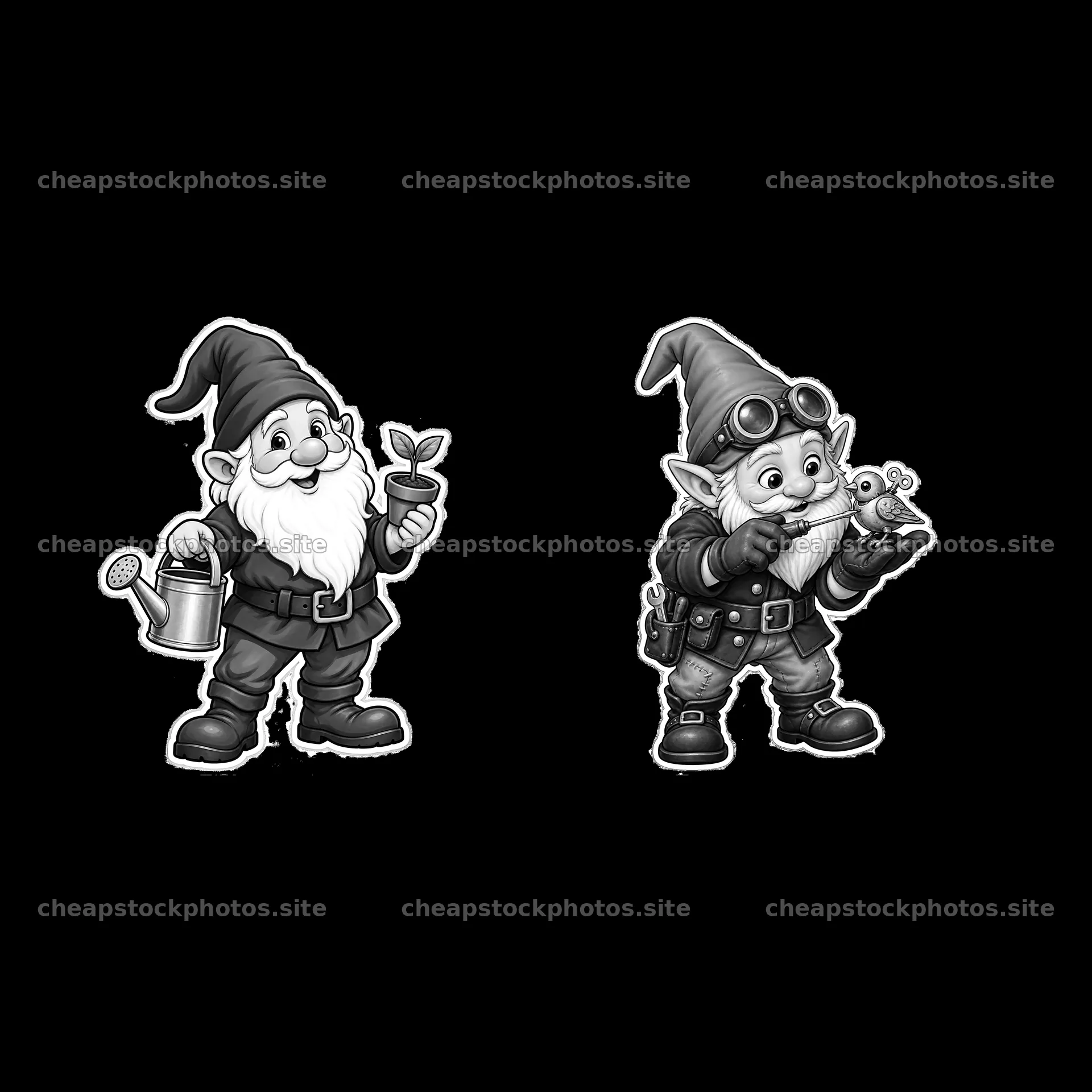 Gnomes with watering can and insect in black and white illustration – stock photos 7746x7746