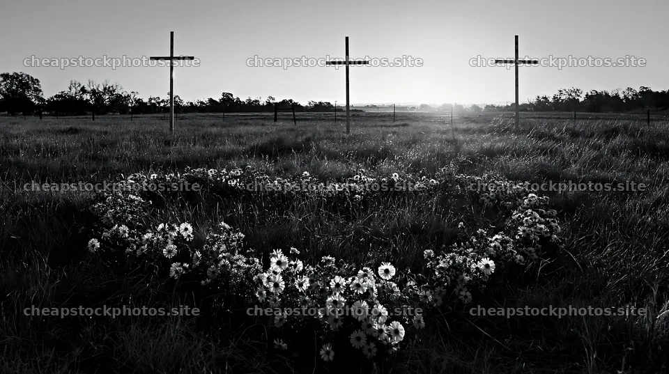 Three Christian crosses in Christmas meadow at sunrise – stock photos 10608x5938