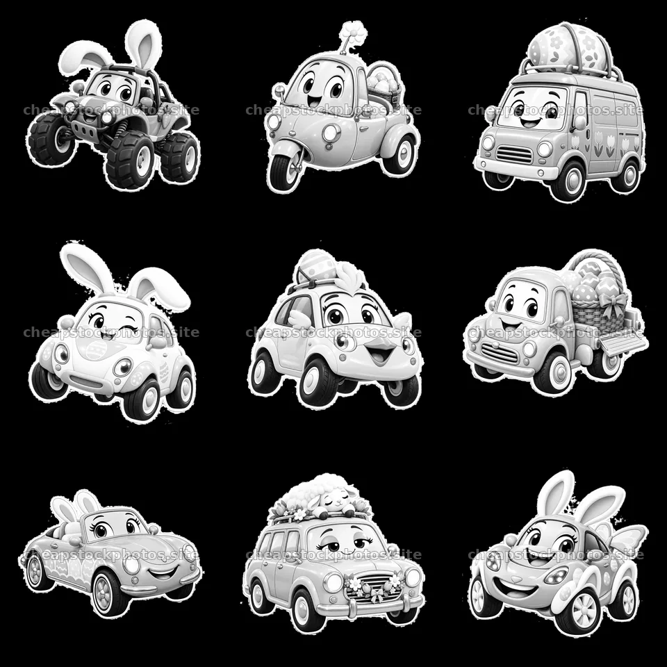 Easter-themed cartoon cars and bunnies in a 3x3 grid layout – stock photos 7746x7746