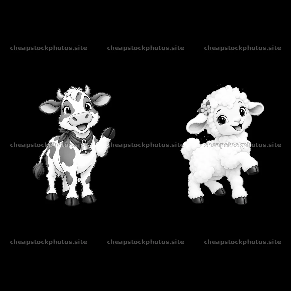 Cartoon cow and sheep characters waving together on a farm – stock photos 7746x7746