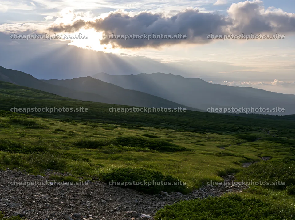 Daisetsuzan alpine meadow with light rays at sunset – stock photos 9174x6866