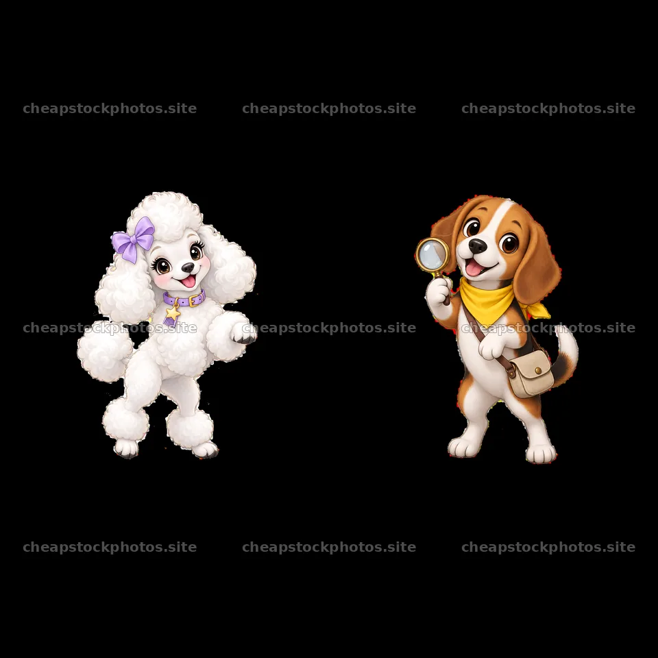 Two cartoon K-9 dogs with accessories and friendly poses – stock photos 7746x7746
