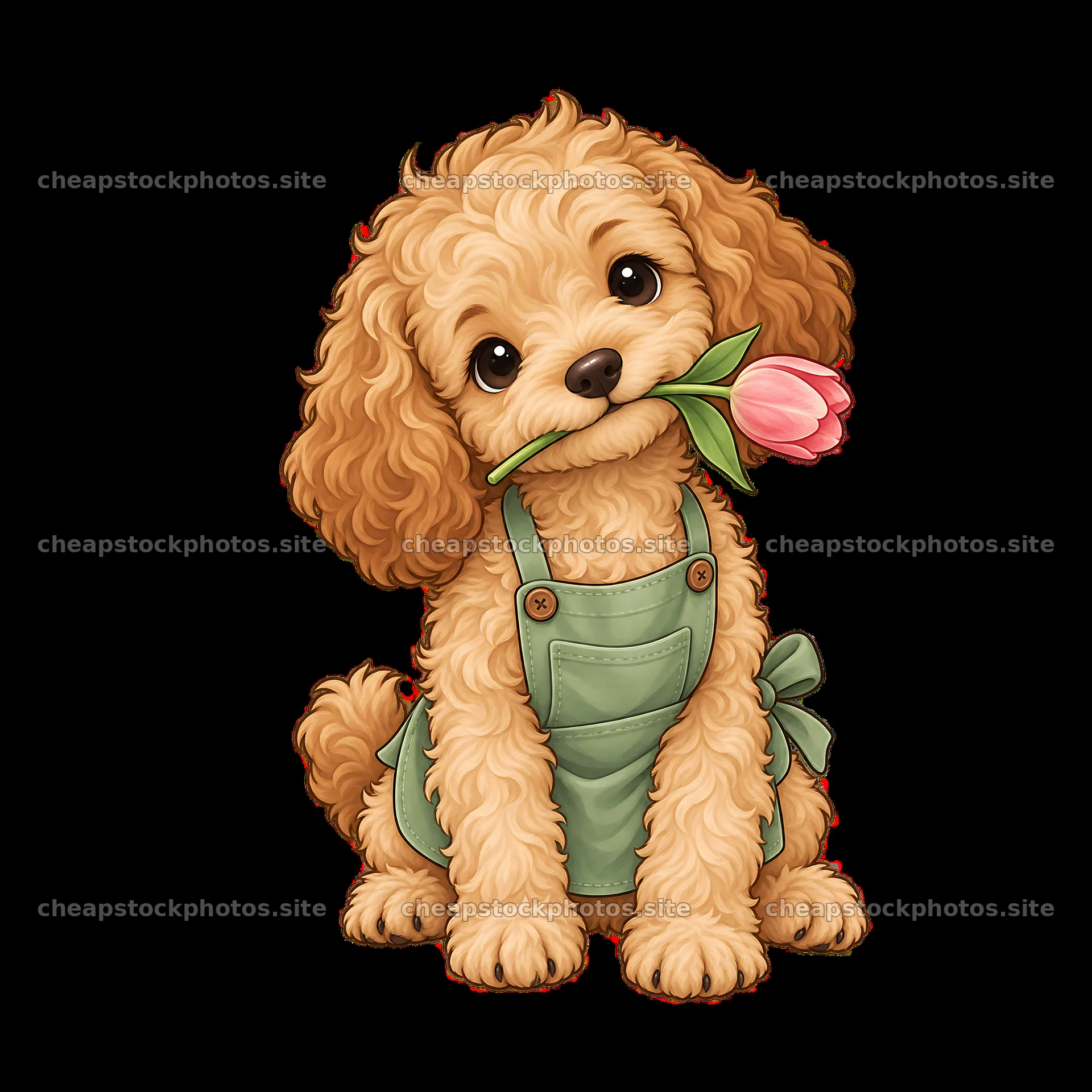 Cute dog holding a flower in mouth wearing an apron – stock photos 7746x7746