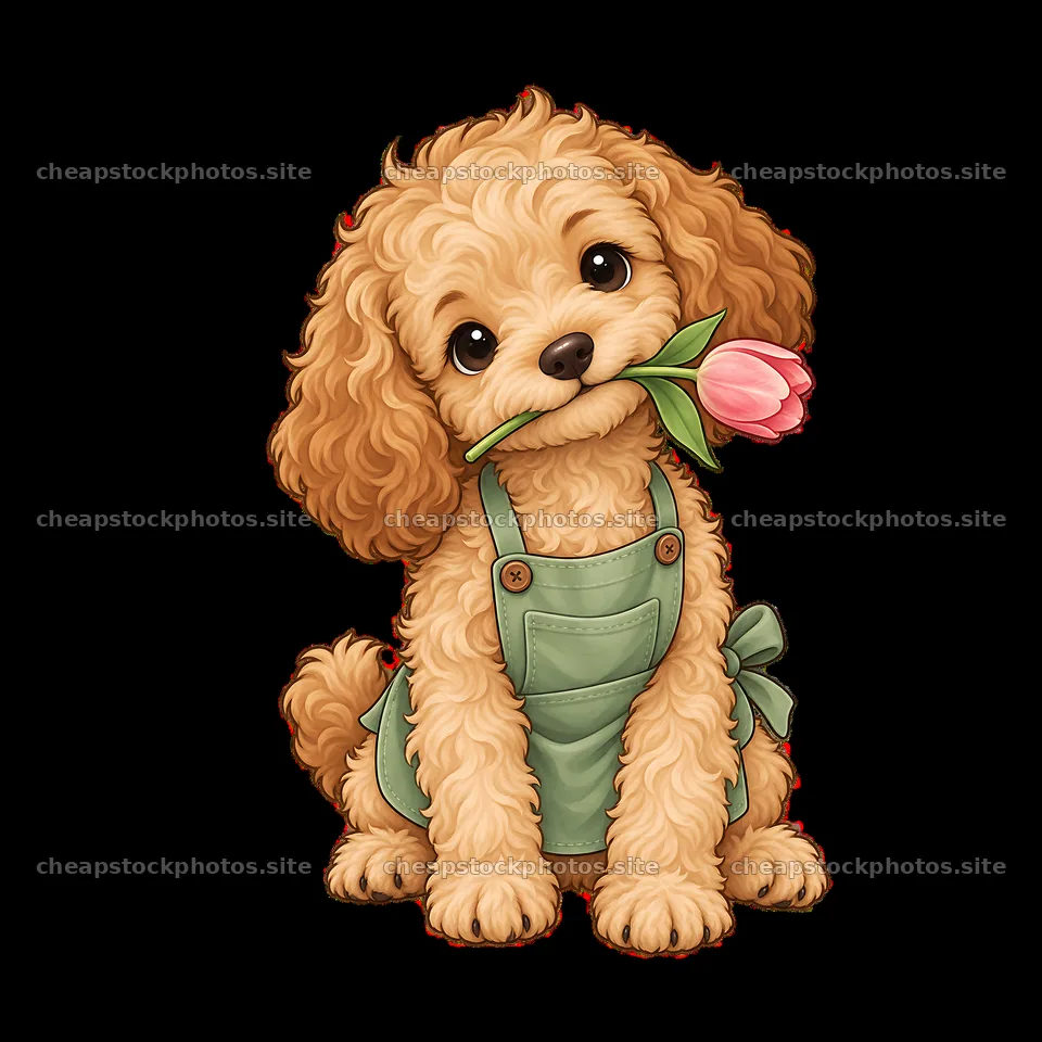 Cute dog holding a flower in mouth wearing an apron – stock photos 7746x7746