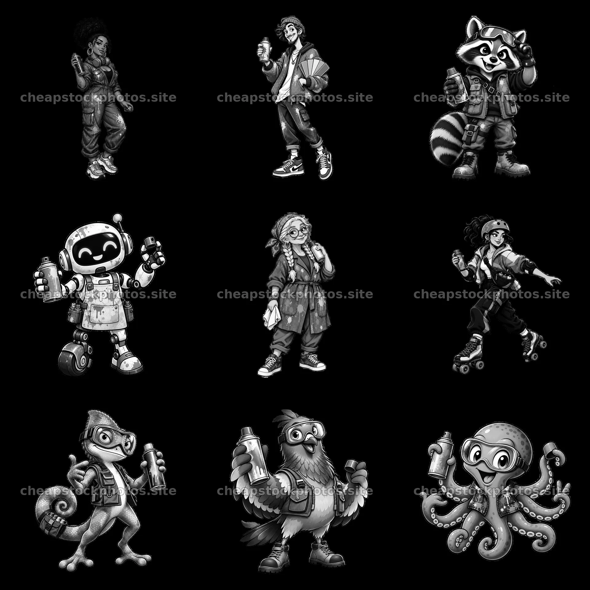 Characters holding spray cans are positioned in a 3x3 layout – stock photos 7746x7746