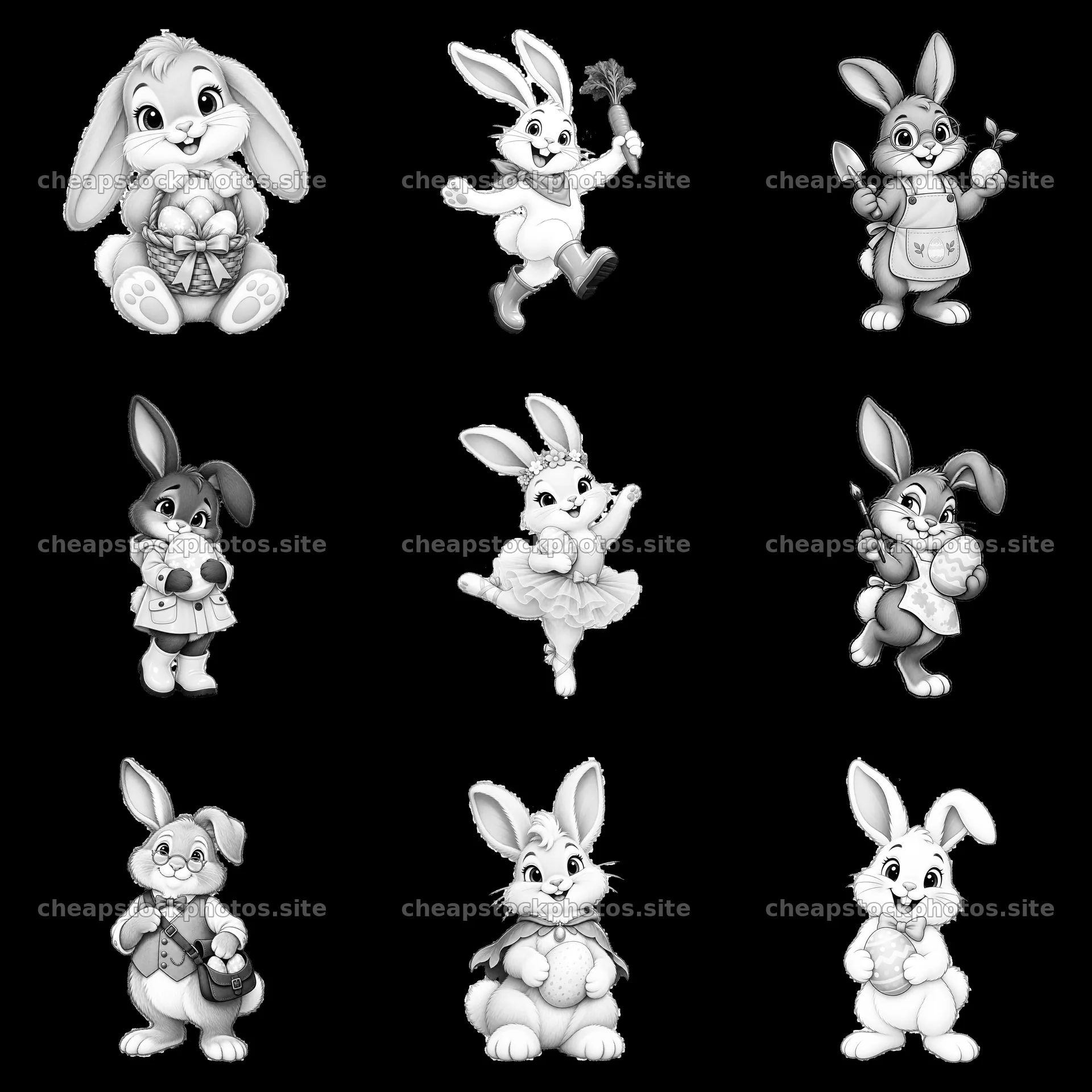 Easter Bunny characters in playful poses in a grid layout – stock photos 7746x7746