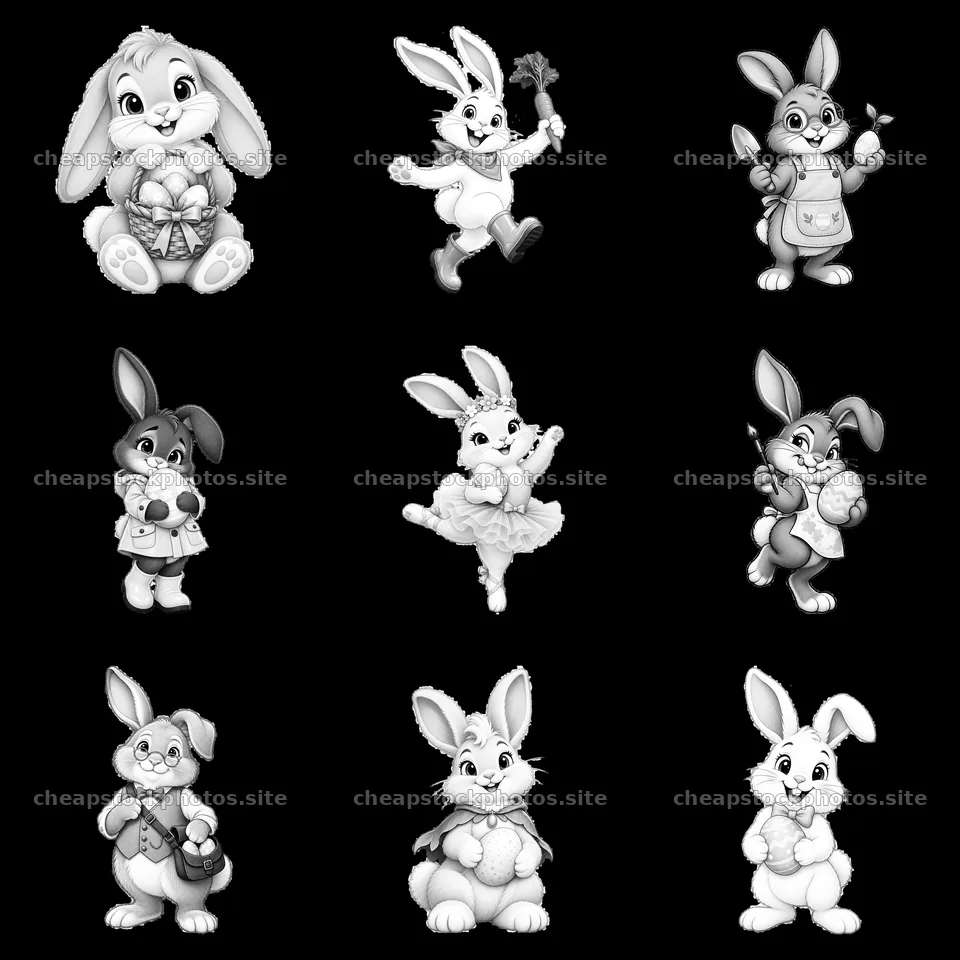 Easter Bunny characters in playful poses in a grid layout – stock photos 7746x7746