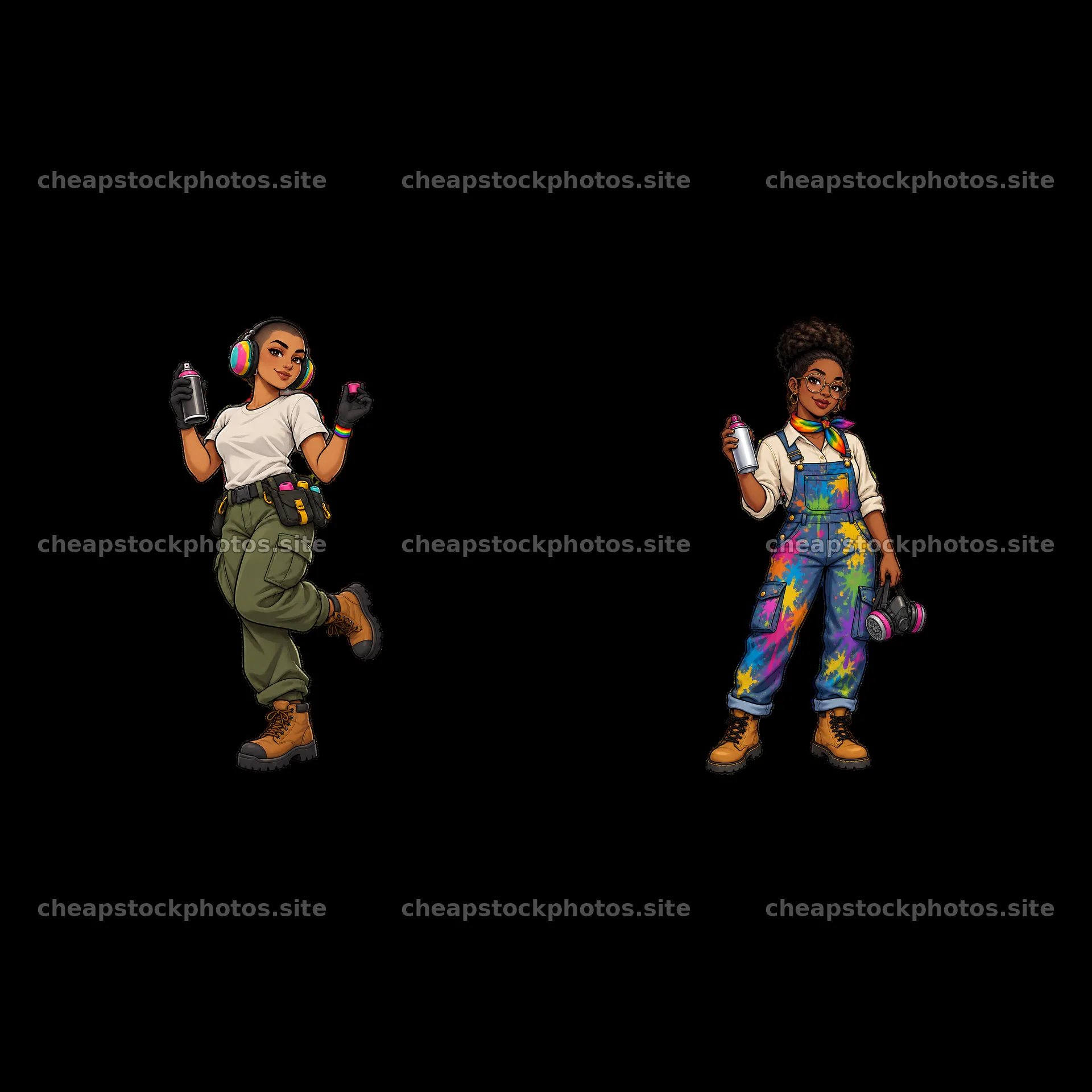 Gay graffiti spray painters with spray cans in vibrant outfits – stock photos 7746x7746