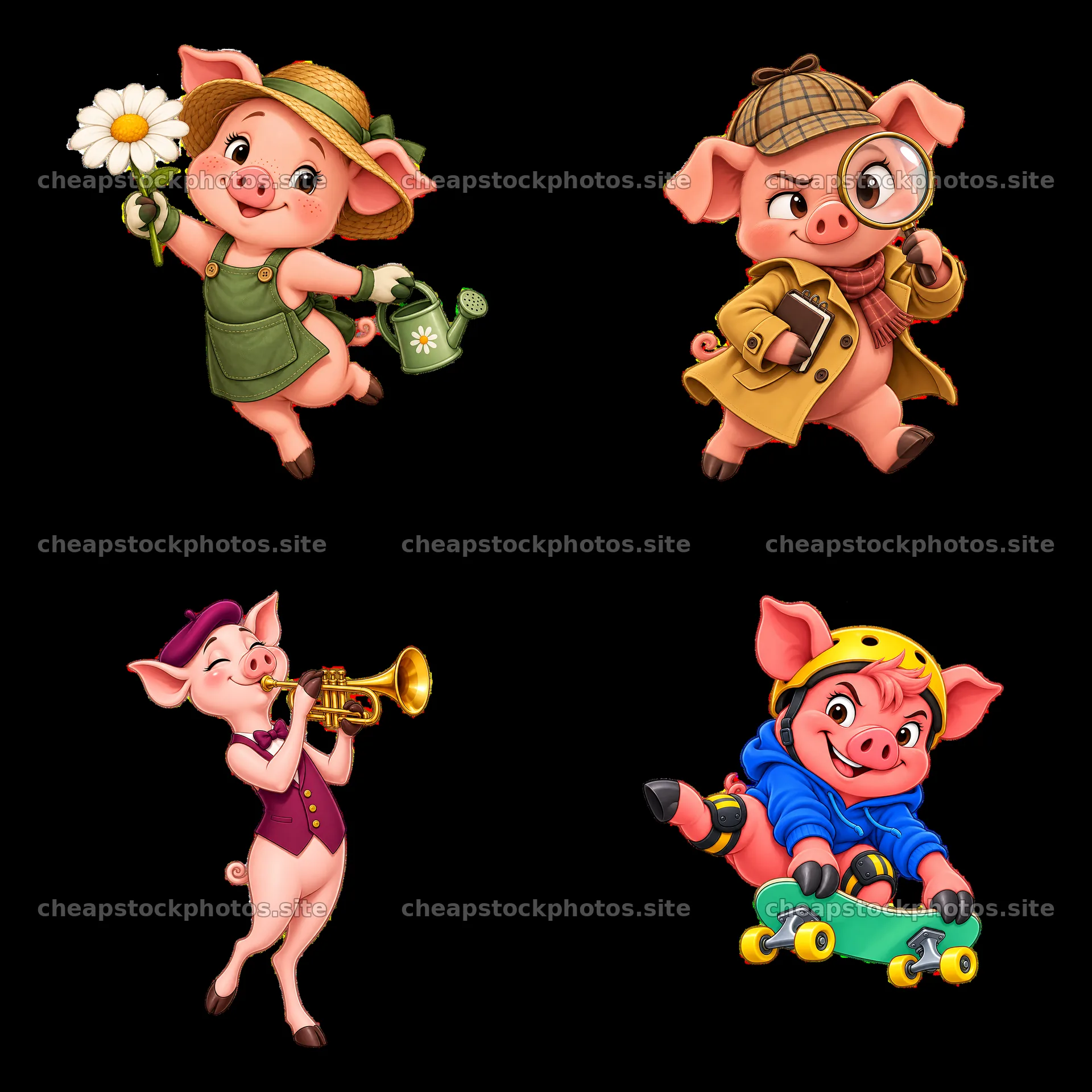 Playful cartoon pigs engaged in activities with colorful props – stock photos 7746x7746