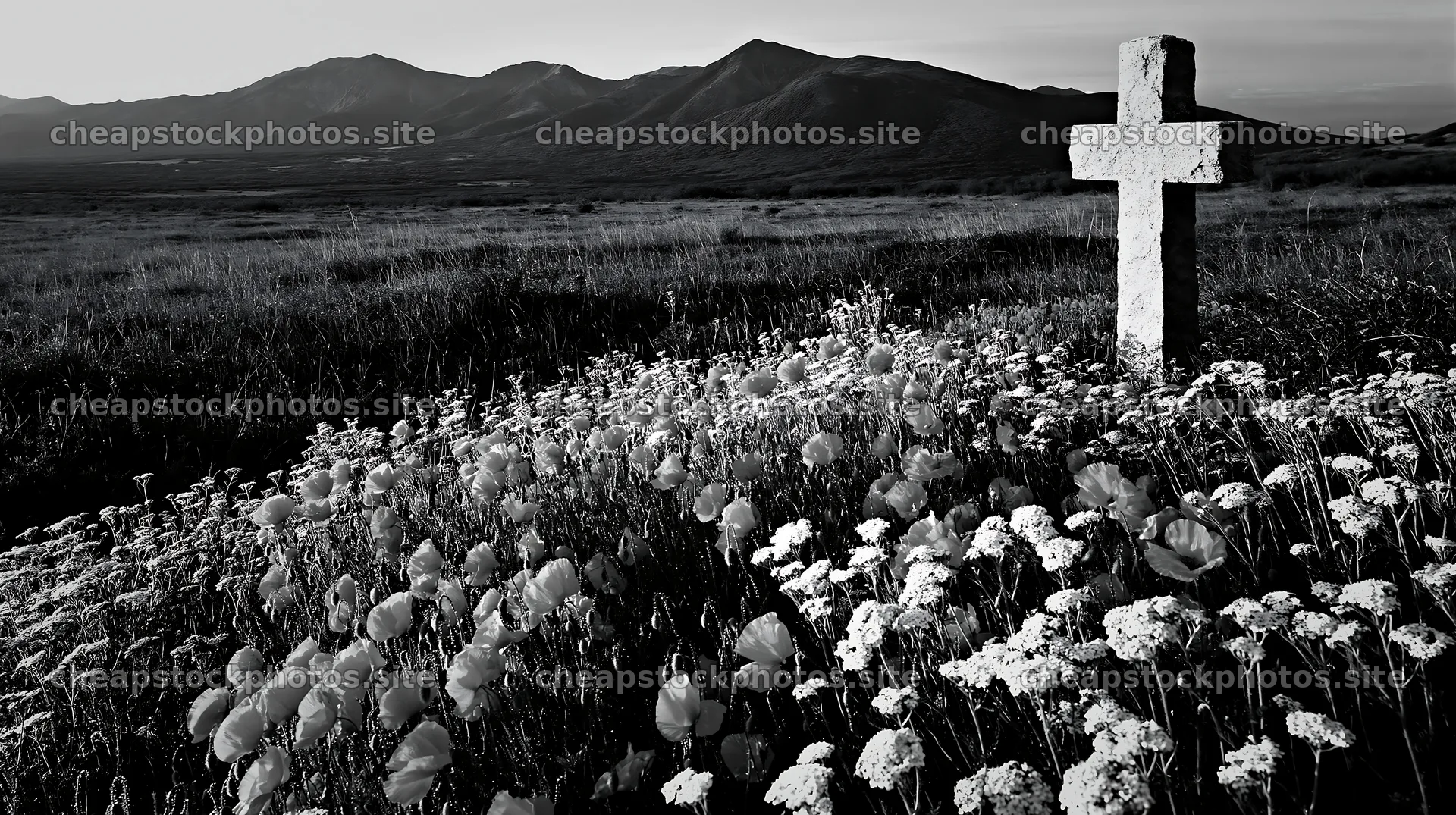 Christian cross in meadow with flowers and mountains in background – stock photos 10608x5938