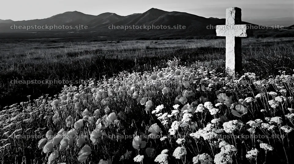 Christian cross in meadow with flowers and mountains in background – stock photos 10608x5938