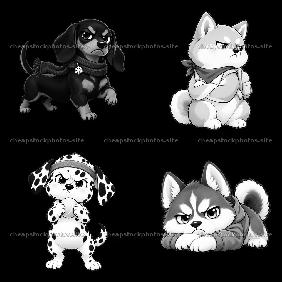 Kawaii grumpy dog cartoon sticker collection in monochrome – stock photos 7746x7746