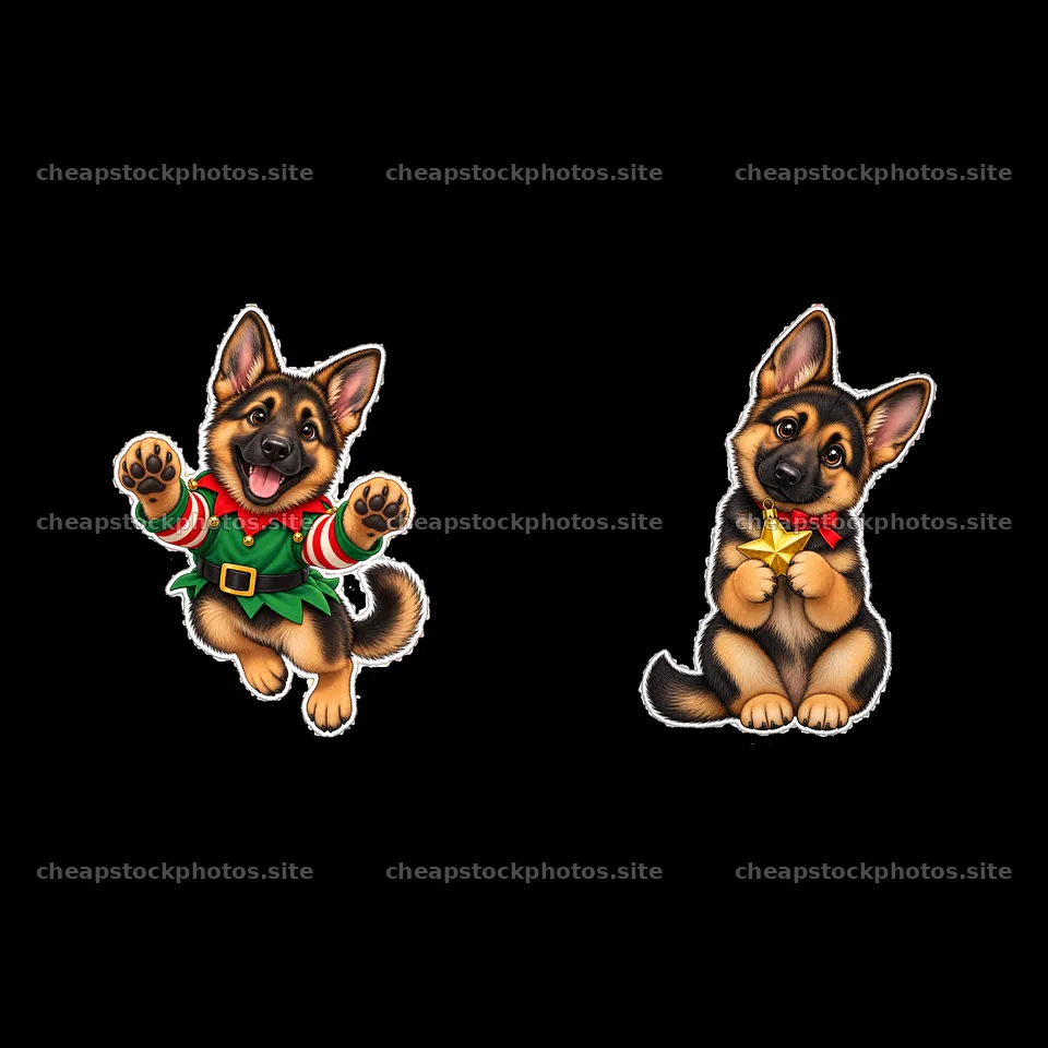 Christmas German Shepherds wearing festive outfits and accessories – stock photos 7746x7746