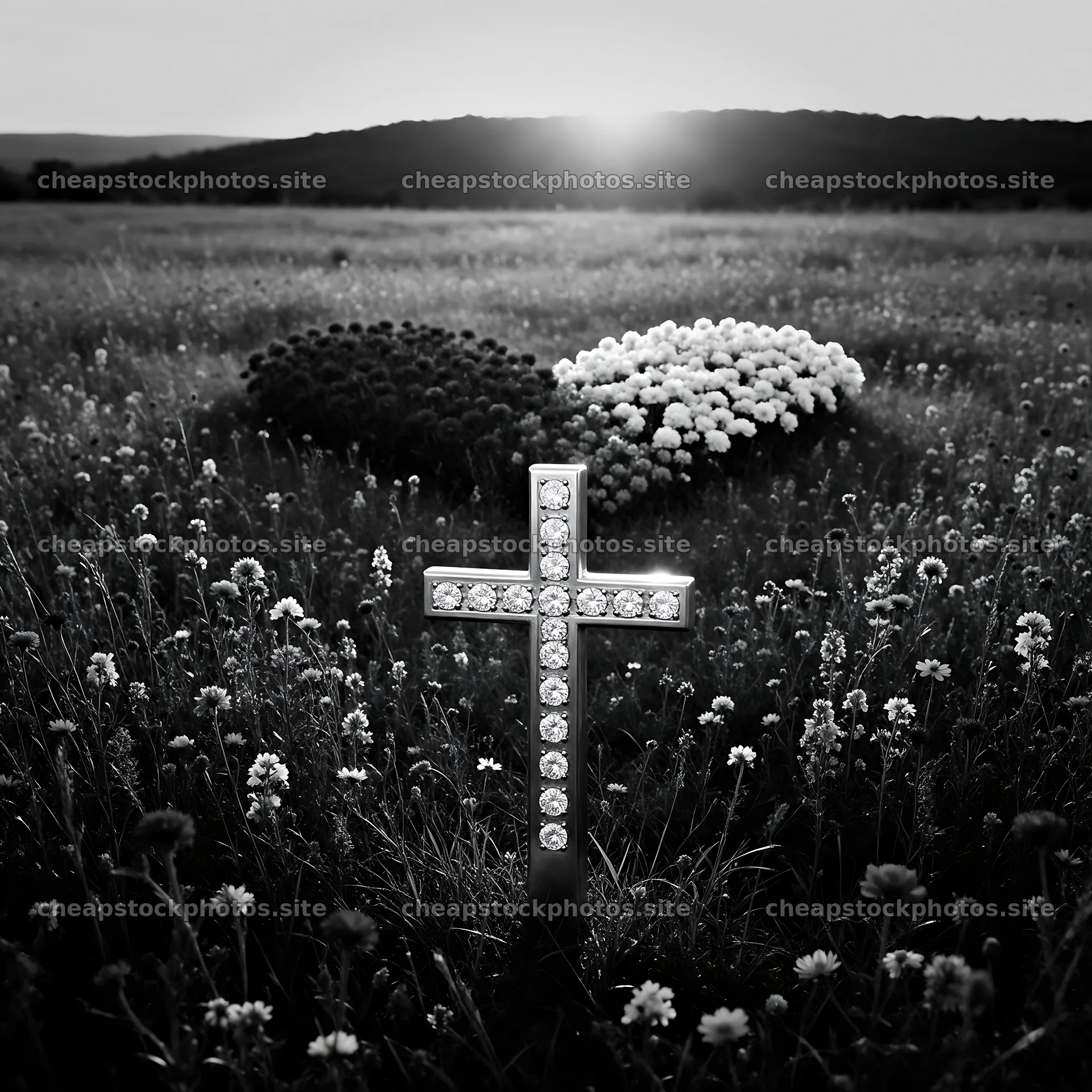 Christian cross in autumn meadow with copper light – stock photos 7938x7938