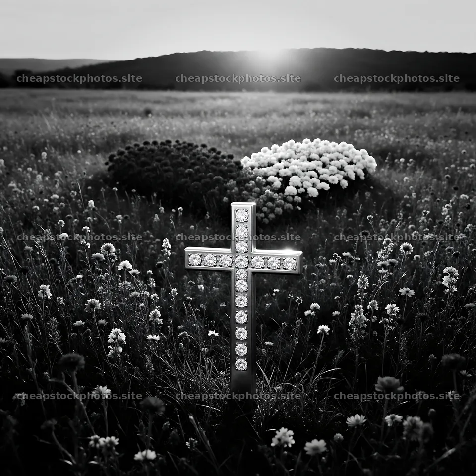 Christian cross in autumn meadow with copper light – stock photos 7938x7938