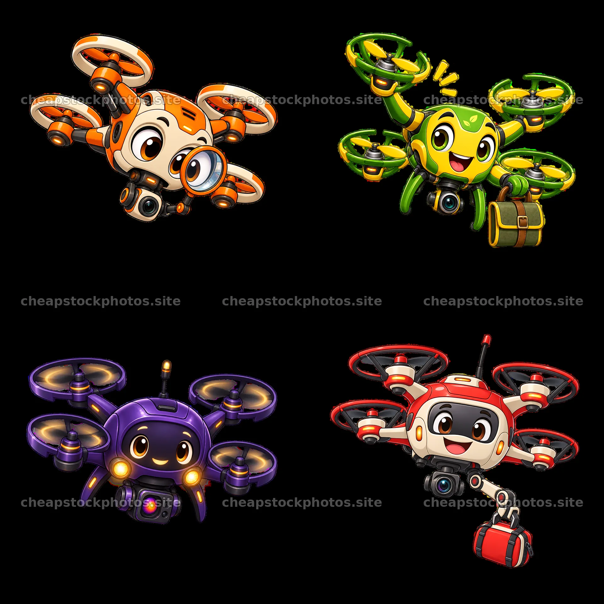 Four cartoon drones with cheerful characters in a square layout – stock photos 7746x7746