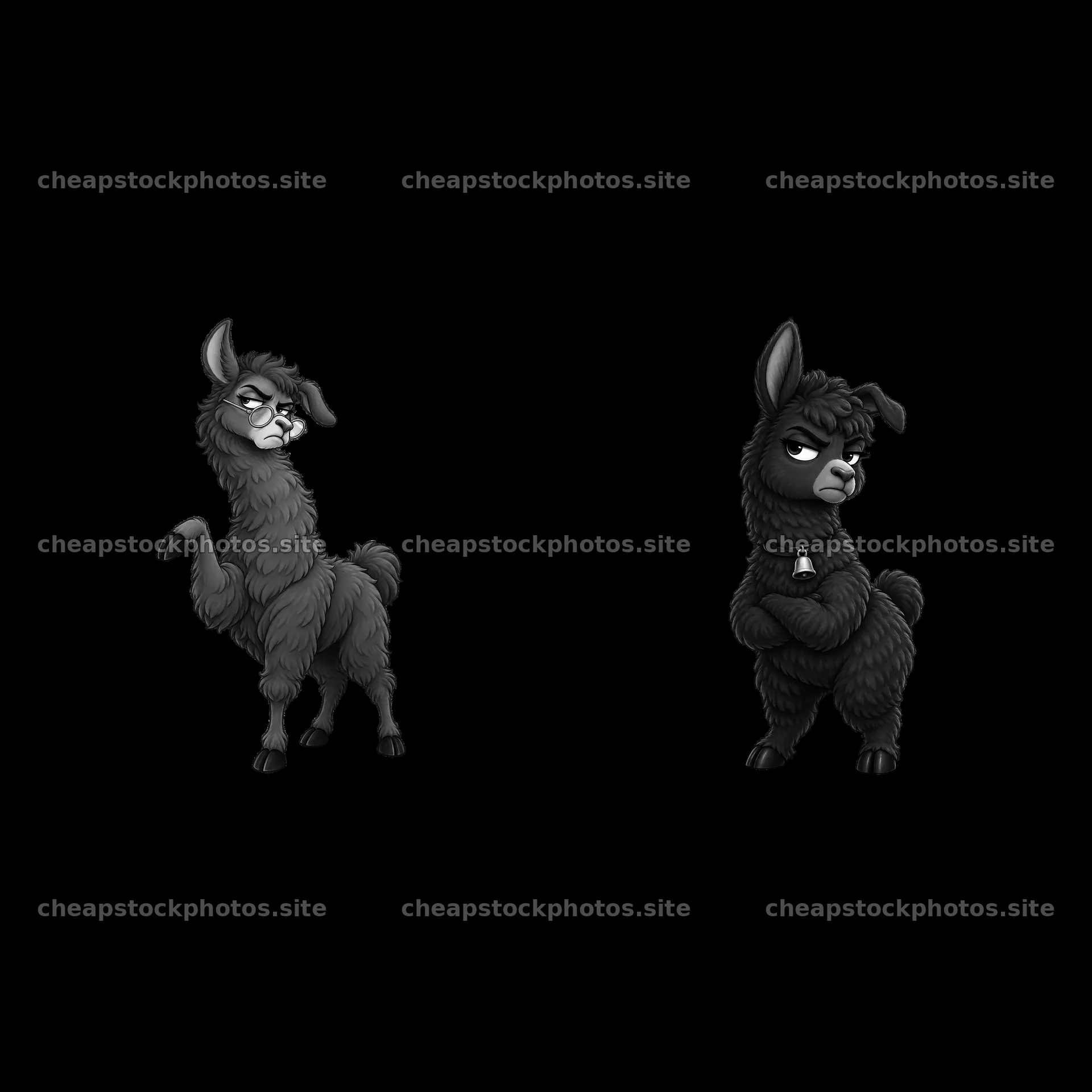 Grumpy llama cartoon stickers in black and white design – stock photos 7746x7746