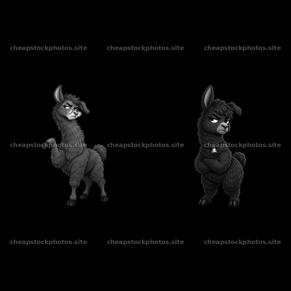 Grumpy llama cartoon stickers in black and white design – stock photos 7746x7746