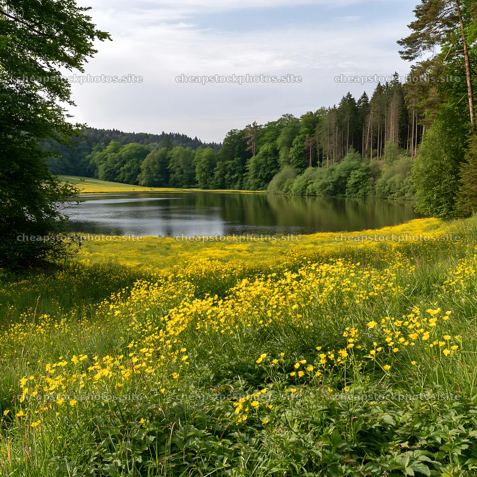 German lakeside meadow with yellow flowers and forest backdrop – stock photos 7938x7938