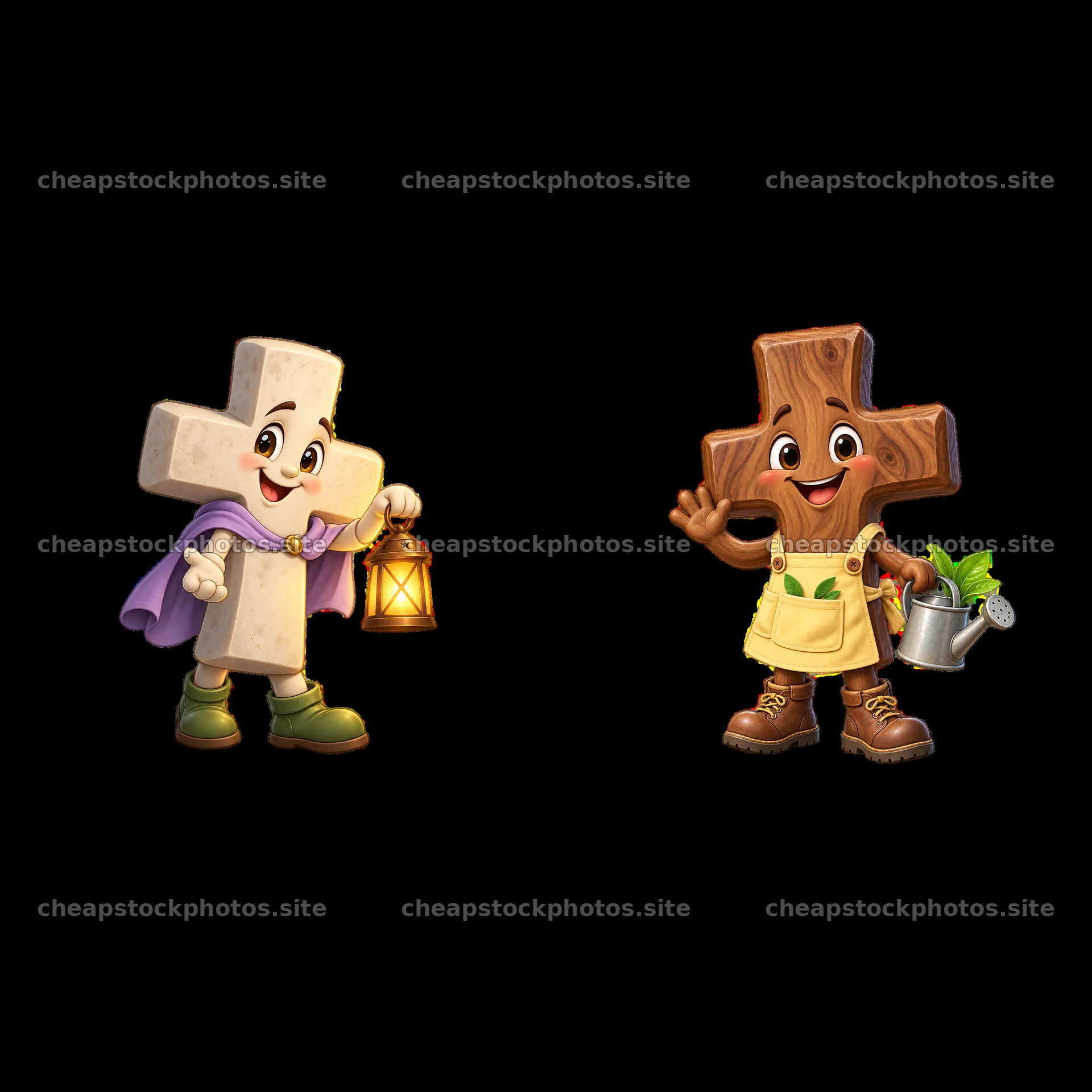 Easter cross characters holding lantern and watering can – stock photos 7746x7746