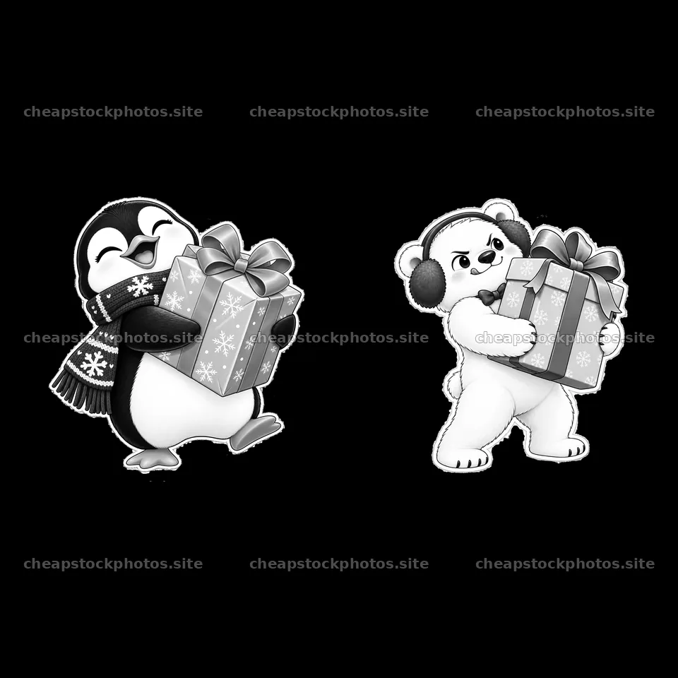 Penguin and polar bear carrying Christmas presents together – stock photos 7746x7746