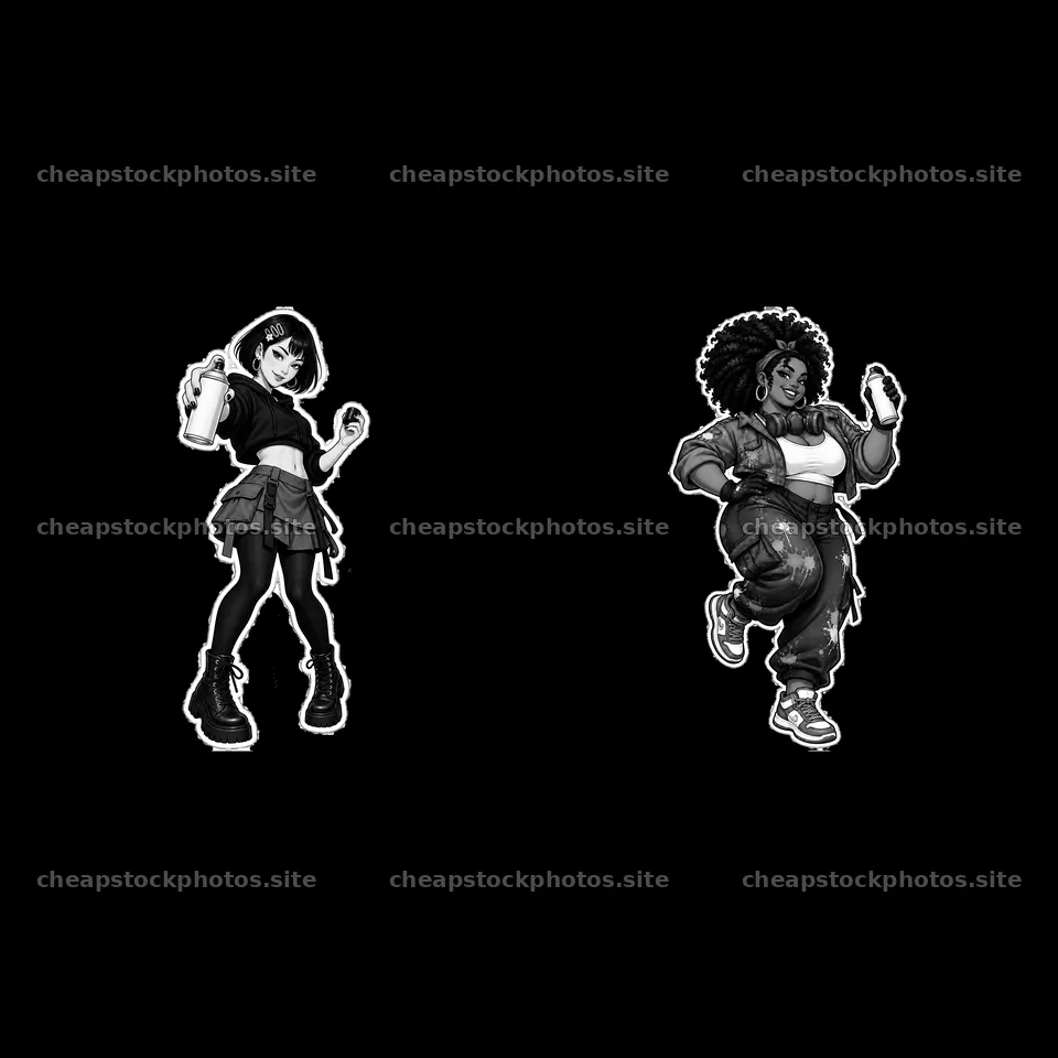 Female graffiti sprayers in monochrome cartoon style – stock photos 7746x7746
