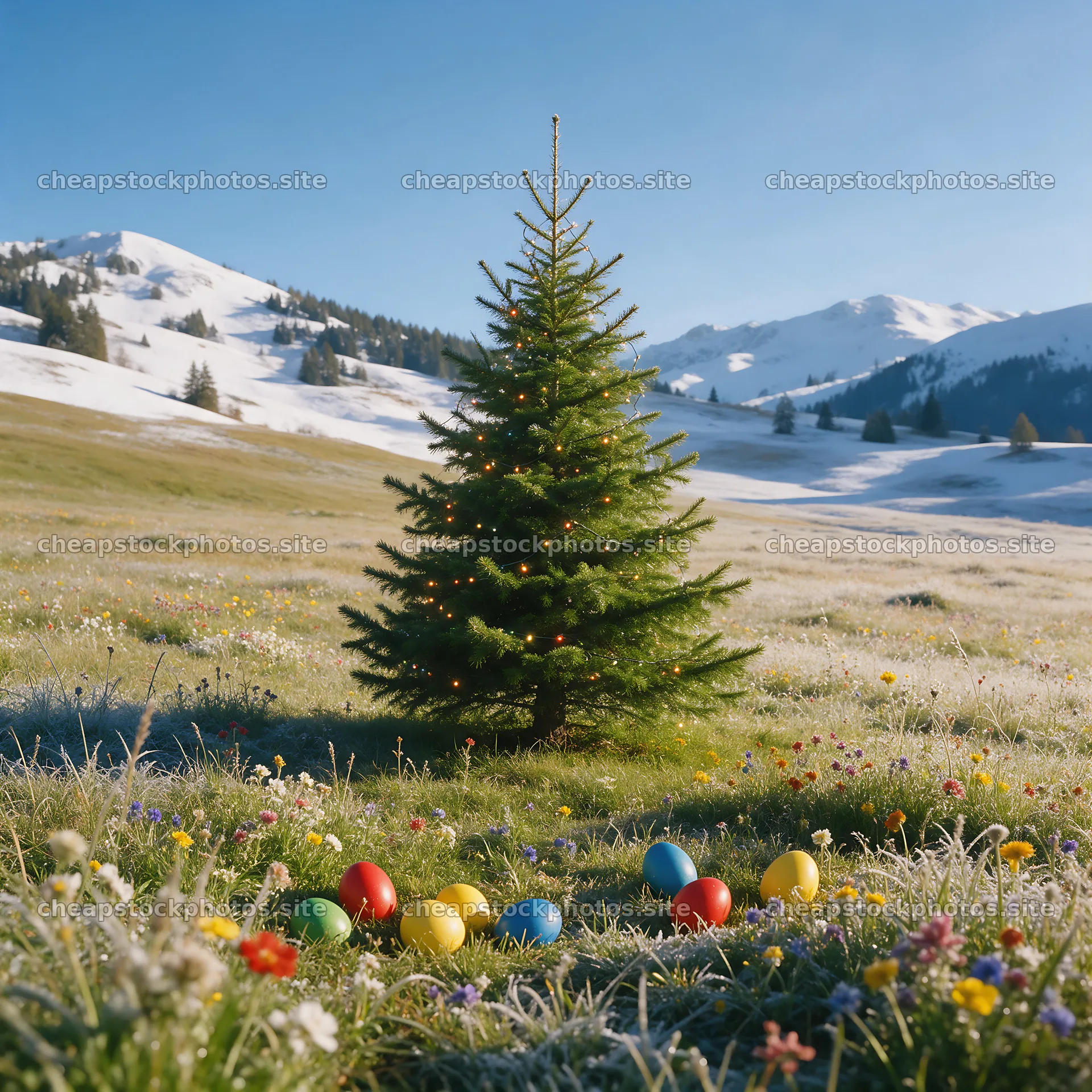 Vibrant Christmas tree in meadow with colorful decorations – stock photos 7938x7938