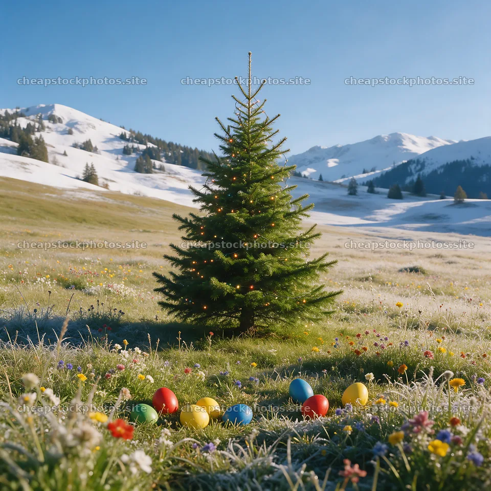 Vibrant Christmas tree in meadow with colorful decorations – stock photos 7938x7938