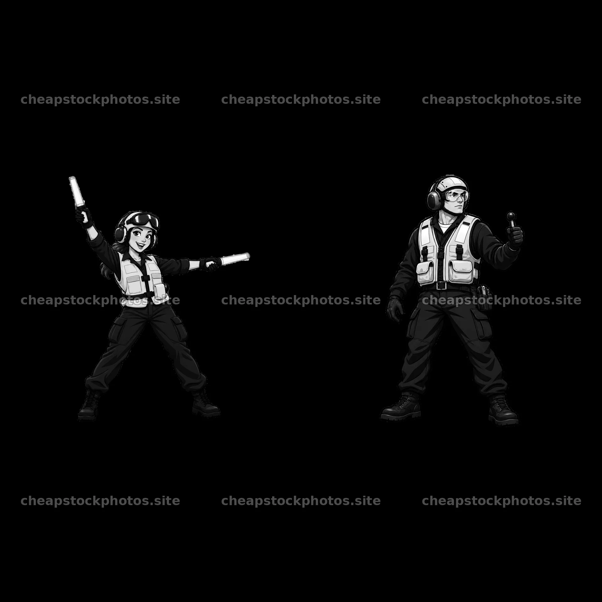 Cartoon aircraft carrier crew directing planes in black and white – stock photos 7746x7746