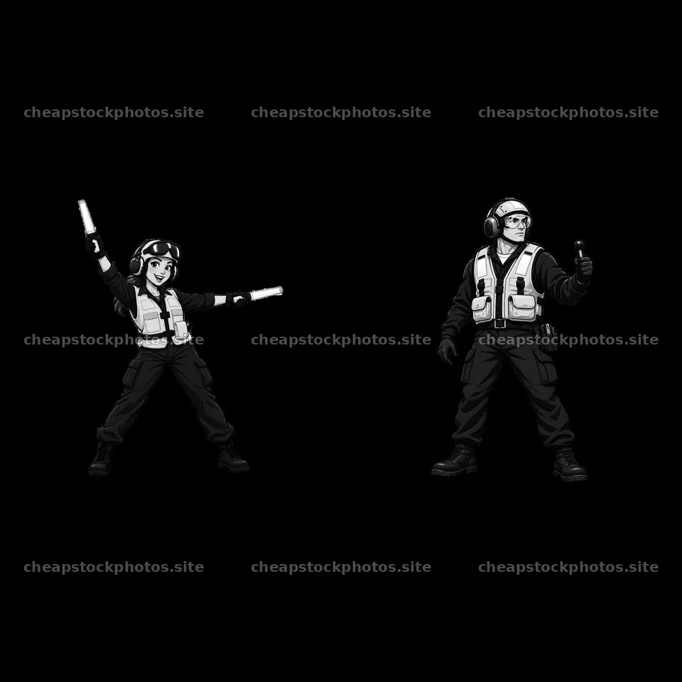 Cartoon aircraft carrier crew directing planes in black and white – stock photos 7746x7746