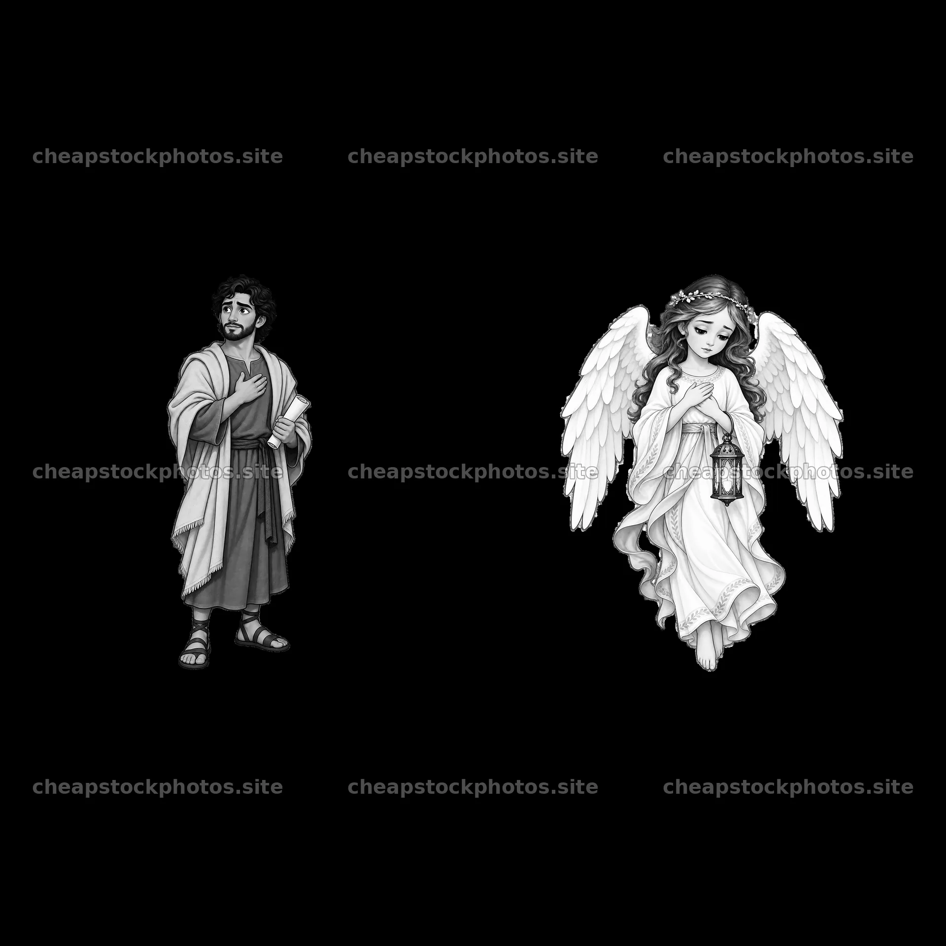 Jesus on the cross with Mary and angel illustration in black and – stock photos 7746x7746