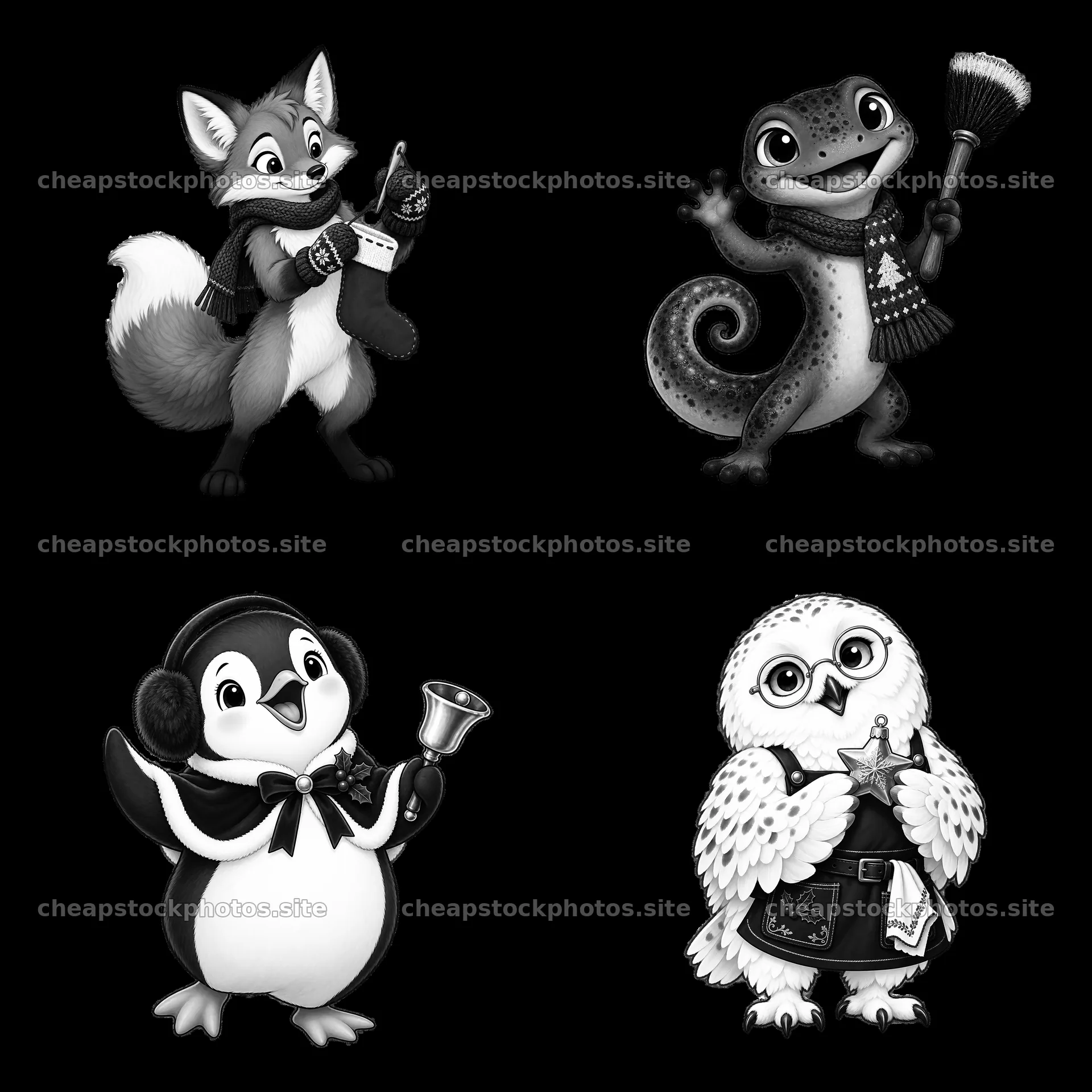 Animals celebrating Christmas with gifts and winter accessories – stock photos 7746x7746